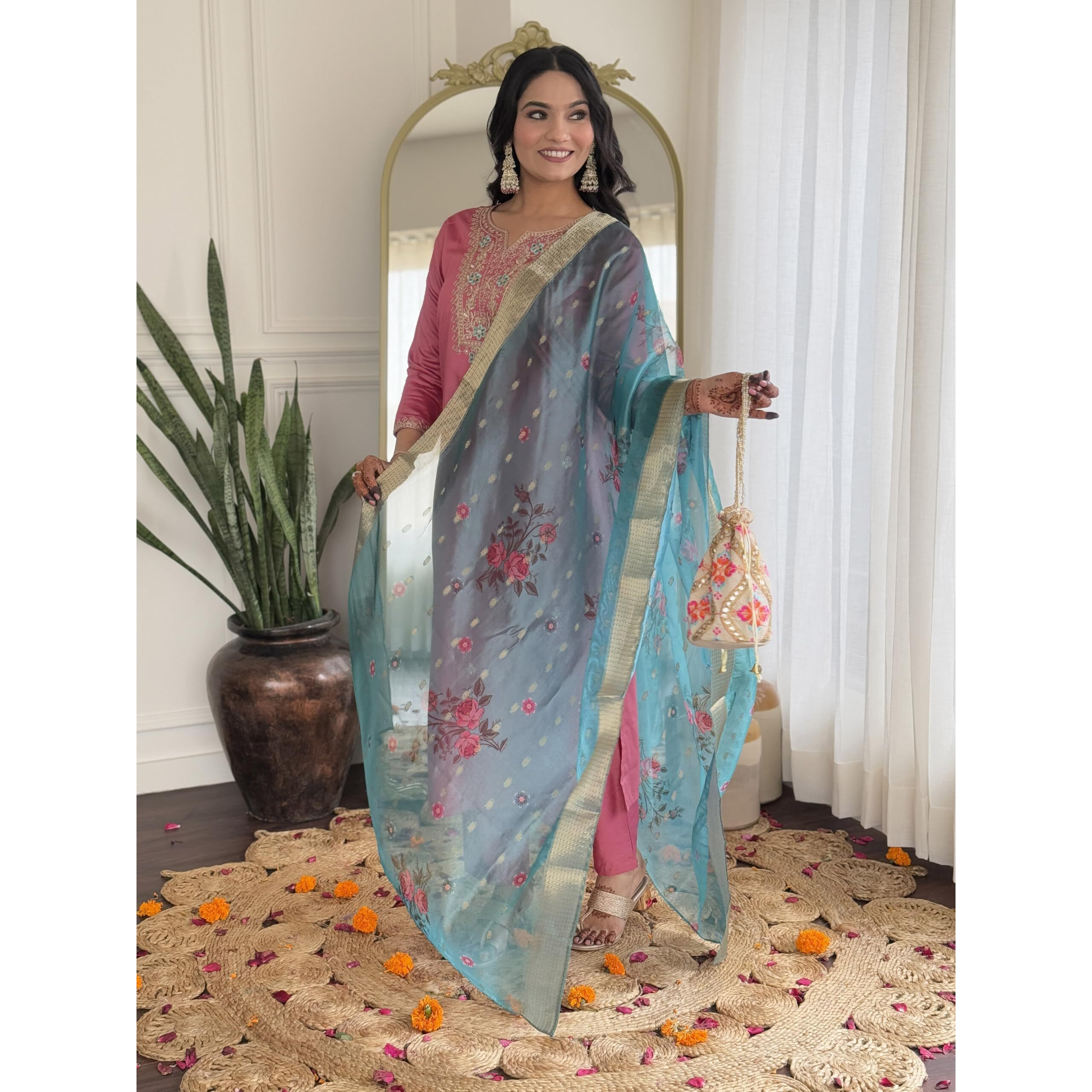 Navlik Women's Gajri Viscose Silk Embroidered Straight Kurta with Viscose Silk Pant and Jacquard Jacquard Dupatta Sets (NK-657)