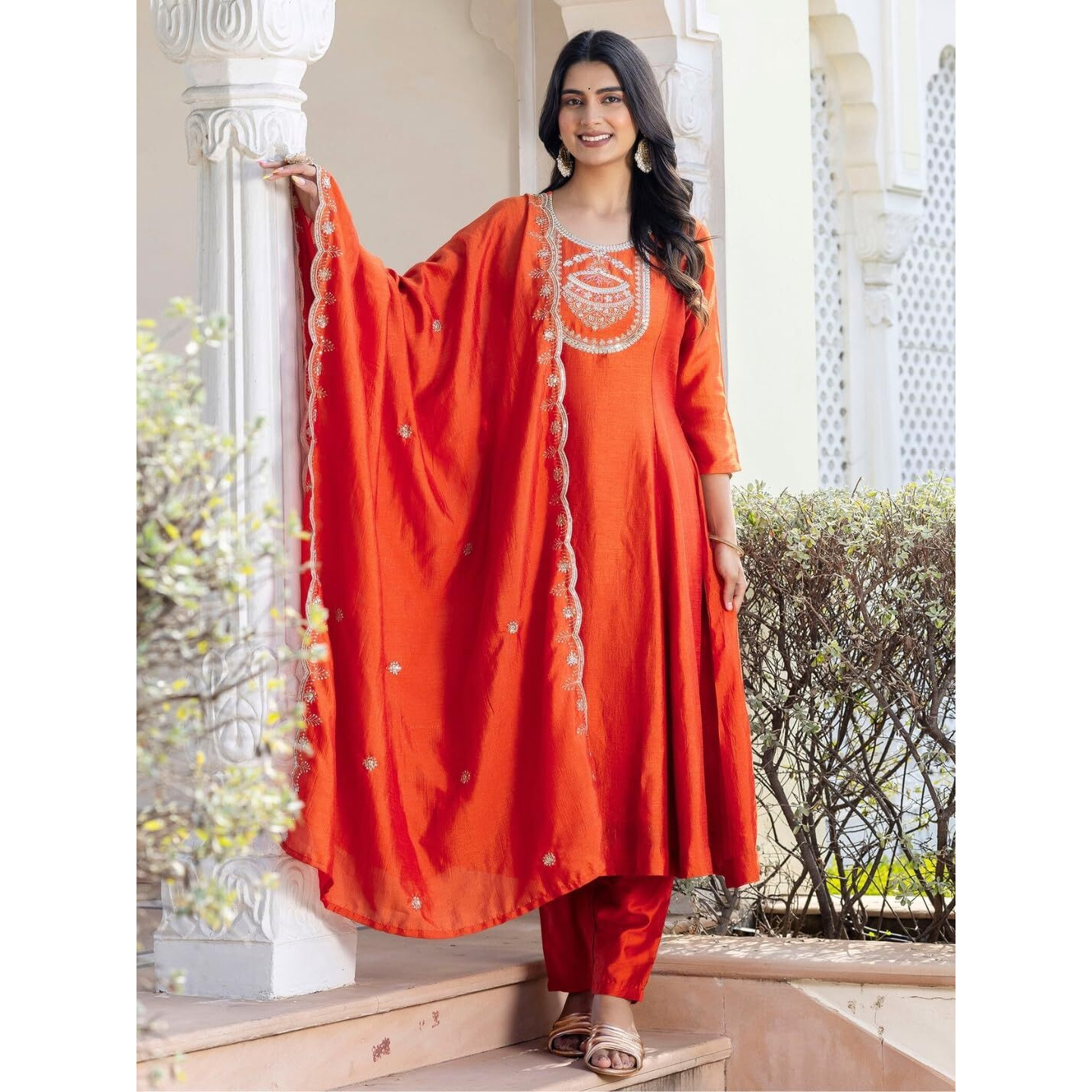 Navlik Women's Orange Vichitra Silk Embroidered Straight Kurta with Rayon Pant and Vichitra Silk Embroidered Dupatta Sets (NK-658)