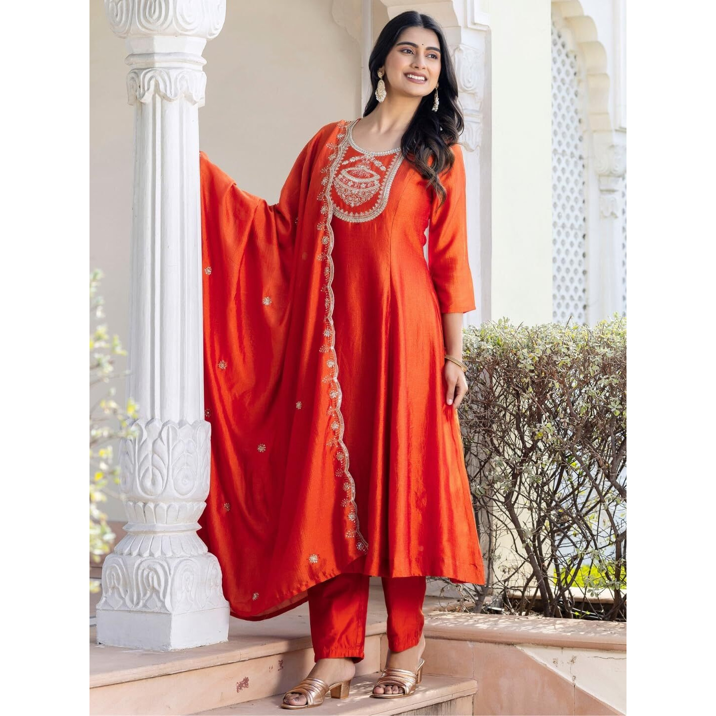 Navlik Women's Orange Vichitra Silk Embroidered Straight Kurta with Rayon Pant and Vichitra Silk Embroidered Dupatta Sets (NK-658)
