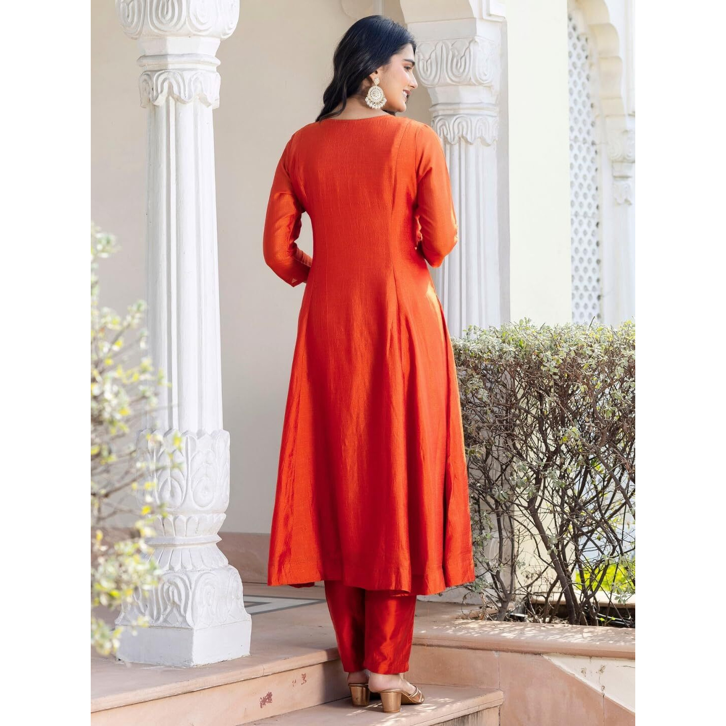Navlik Women's Orange Vichitra Silk Embroidered Straight Kurta with Rayon Pant and Vichitra Silk Embroidered Dupatta Sets (NK-658)