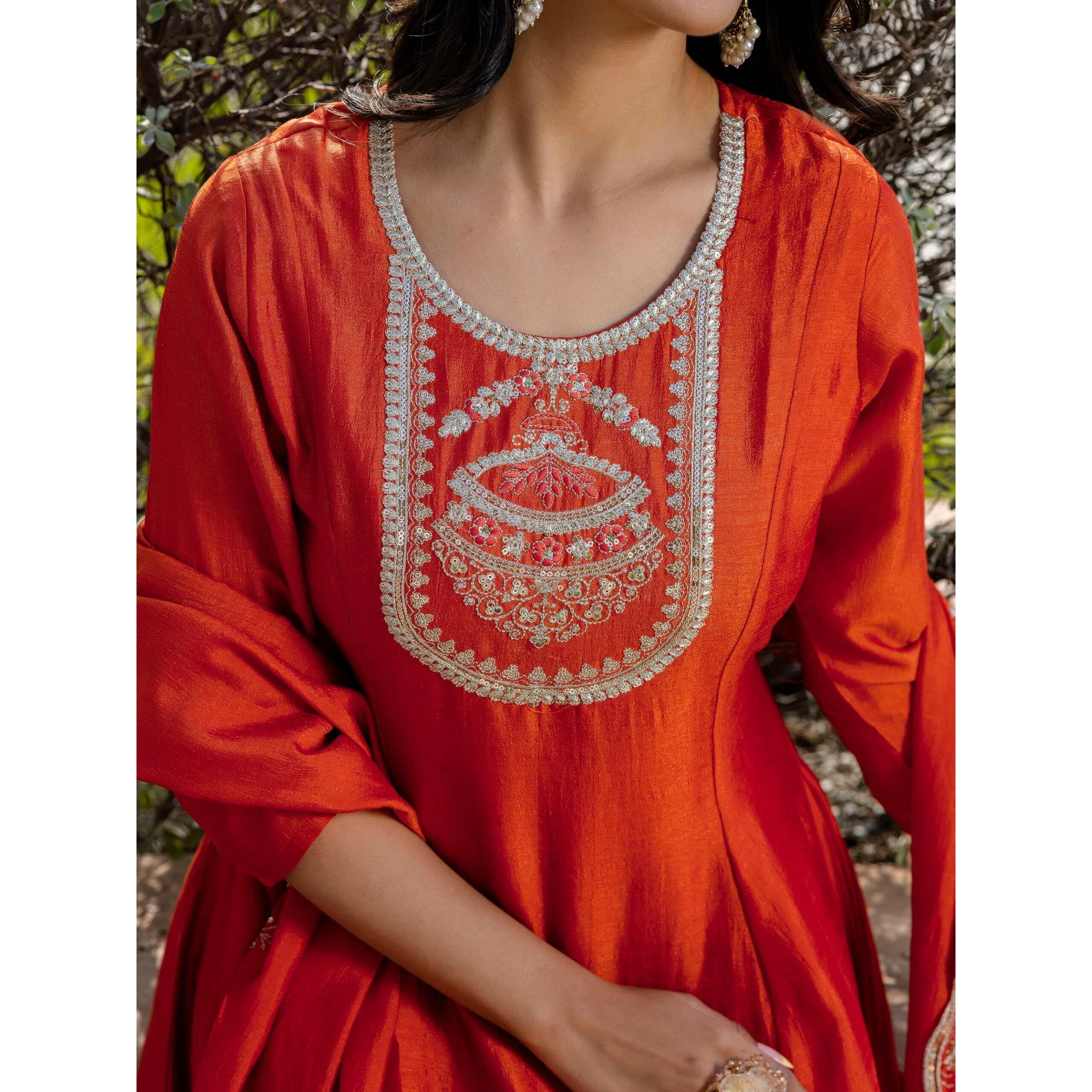 Navlik Women's Orange Vichitra Silk Embroidered Straight Kurta with Rayon Pant and Vichitra Silk Embroidered Dupatta Sets (NK-658)