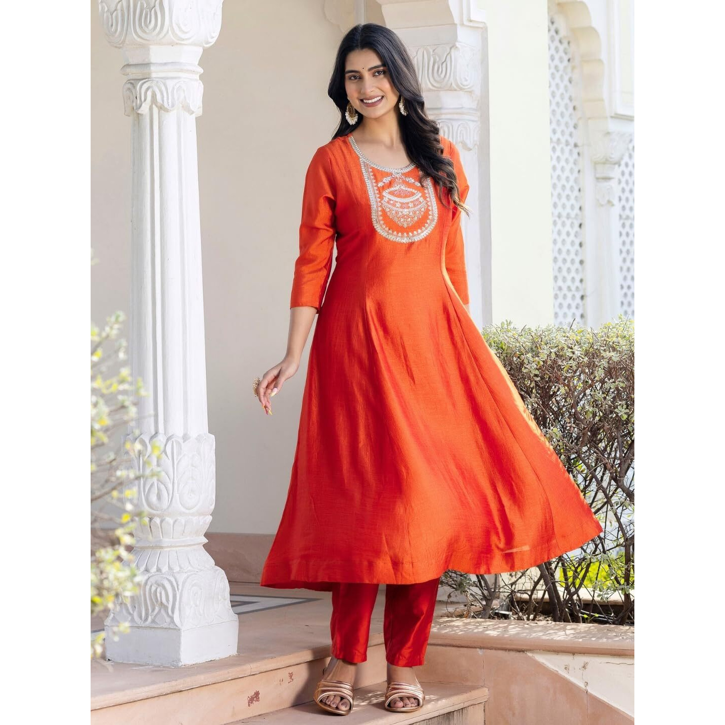 Navlik Women's Orange Vichitra Silk Embroidered Straight Kurta with Rayon Pant and Vichitra Silk Embroidered Dupatta Sets (NK-658)