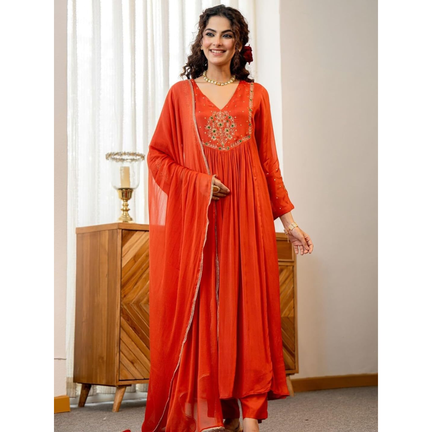 Navlik Women's Silk Chiffon Embroidered A-Line Kurta with Pant And Dupatta Sets (NK-661)