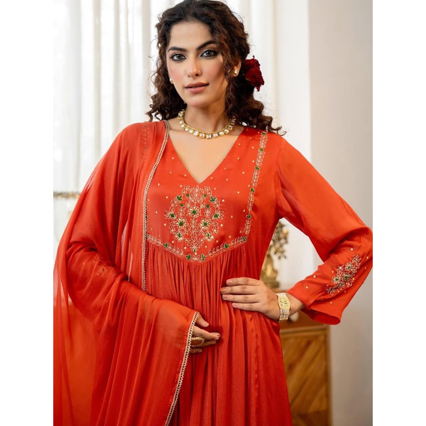 Navlik Women's Silk Chiffon Embroidered A-Line Kurta with Pant And Dupatta Sets (NK-661)