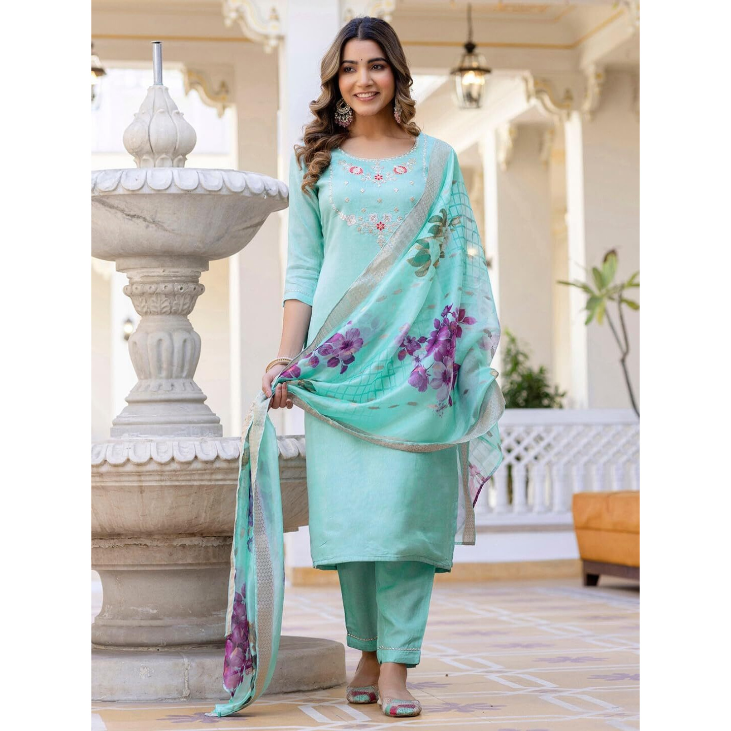 Navlik Women's Viscose Embroidered Straight Kurta with Pant and Dupatta Sets (NK-665)