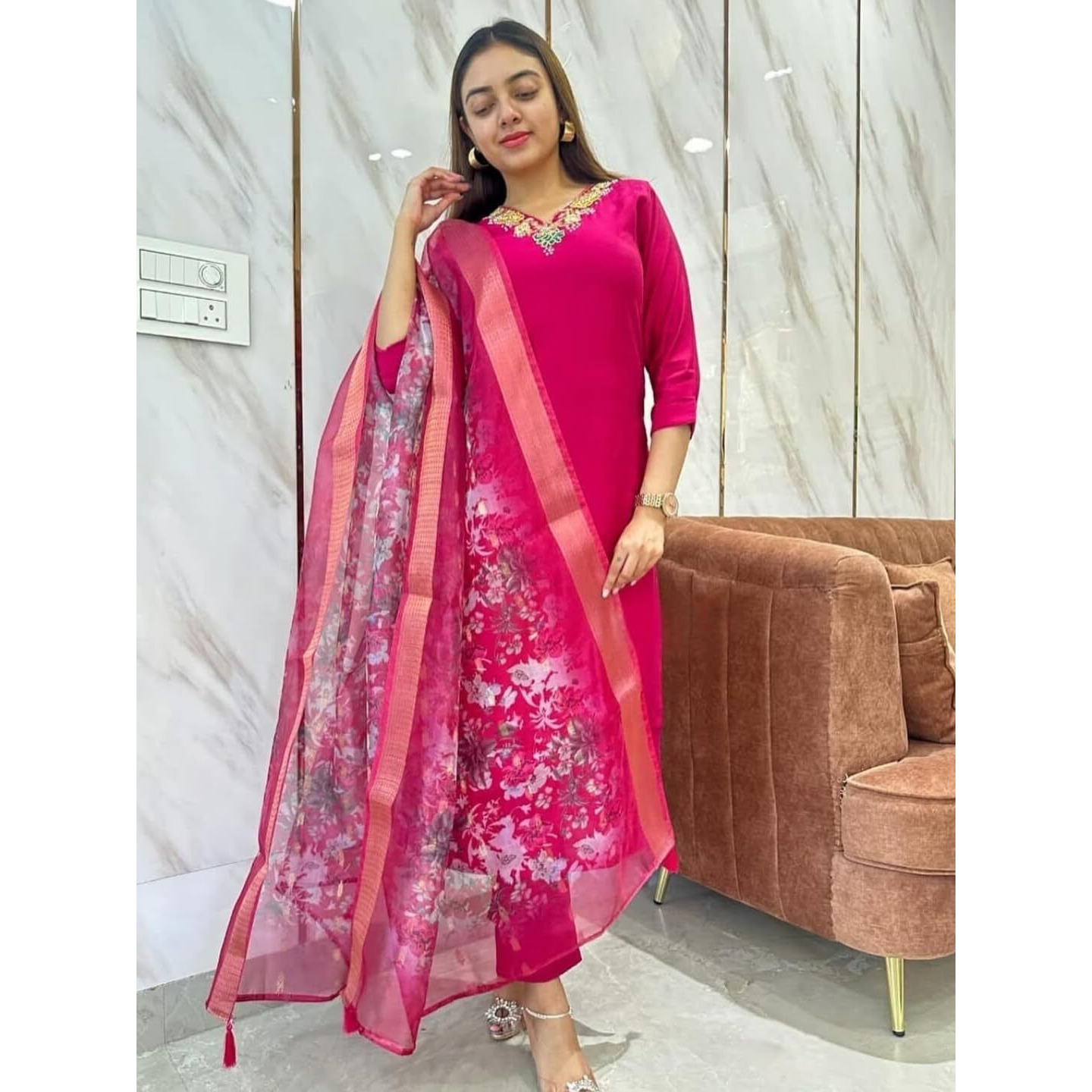 Navlik Women's Viscose Embroidered Straight Kurta with Pant and Dupatta Sets (NK-666)