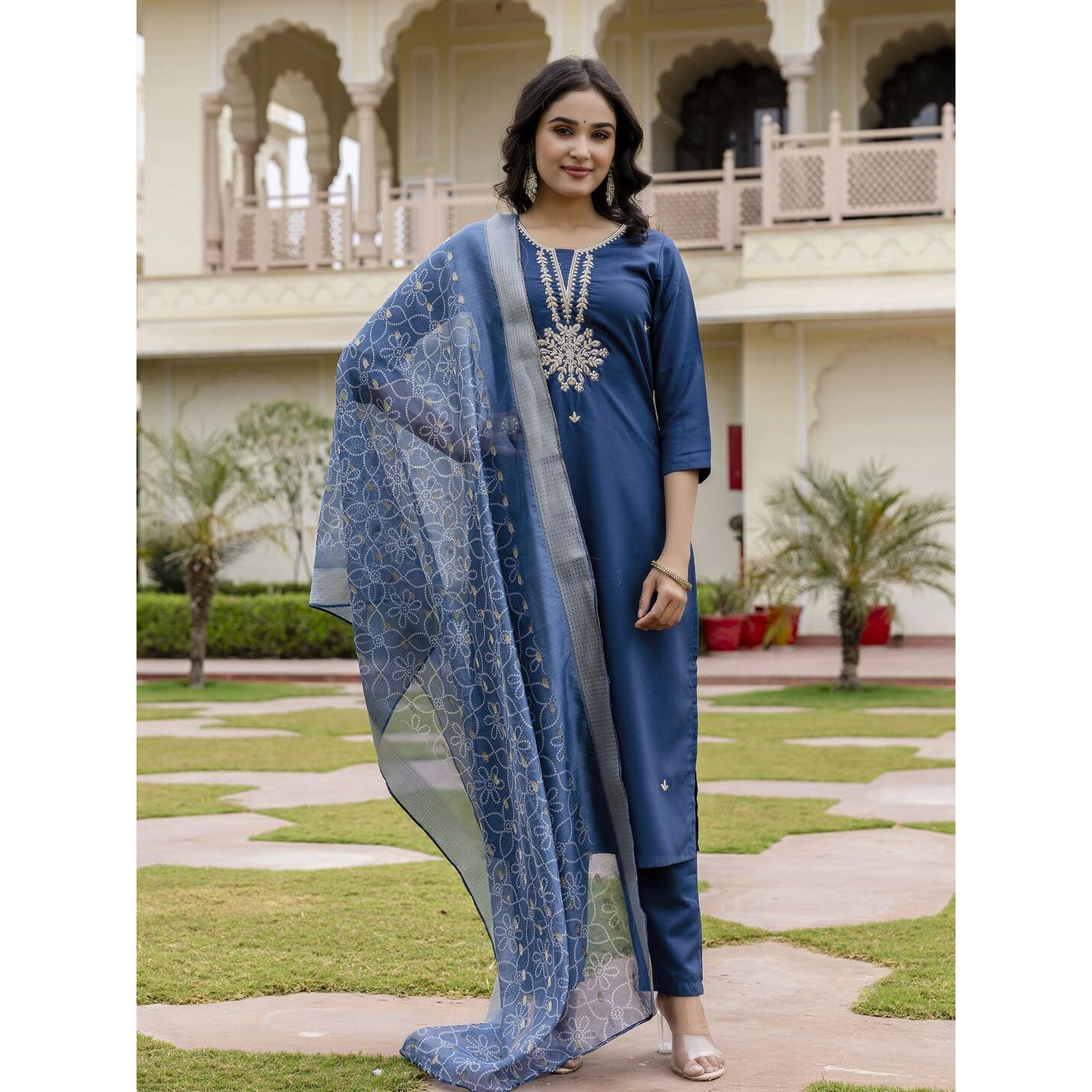 Navlik Women's Rayon Embroidered Straight Kurta with Pant and Dupatta Sets (NK-671)