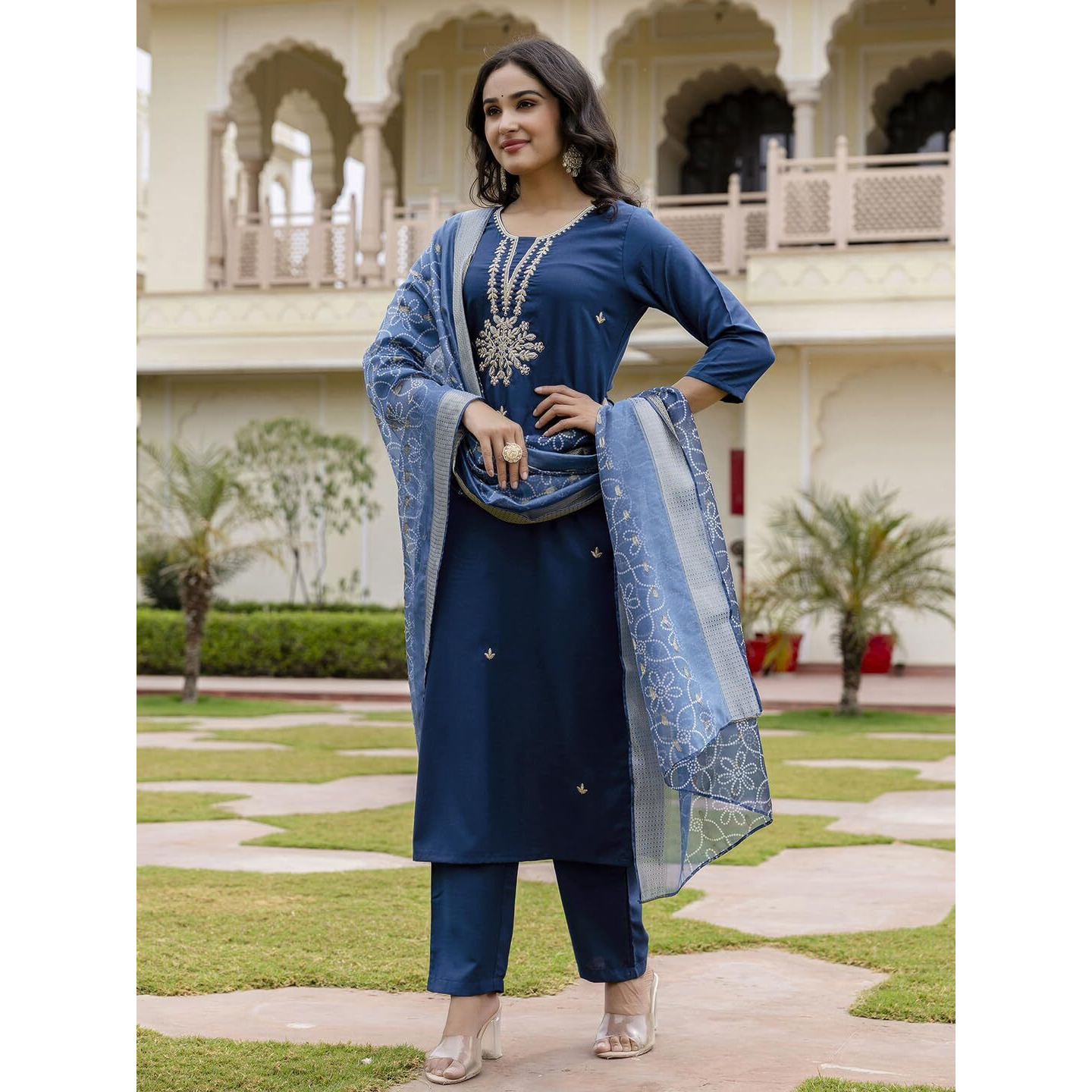 Navlik Women's Rayon Embroidered Straight Kurta with Pant and Dupatta Sets (NK-671)
