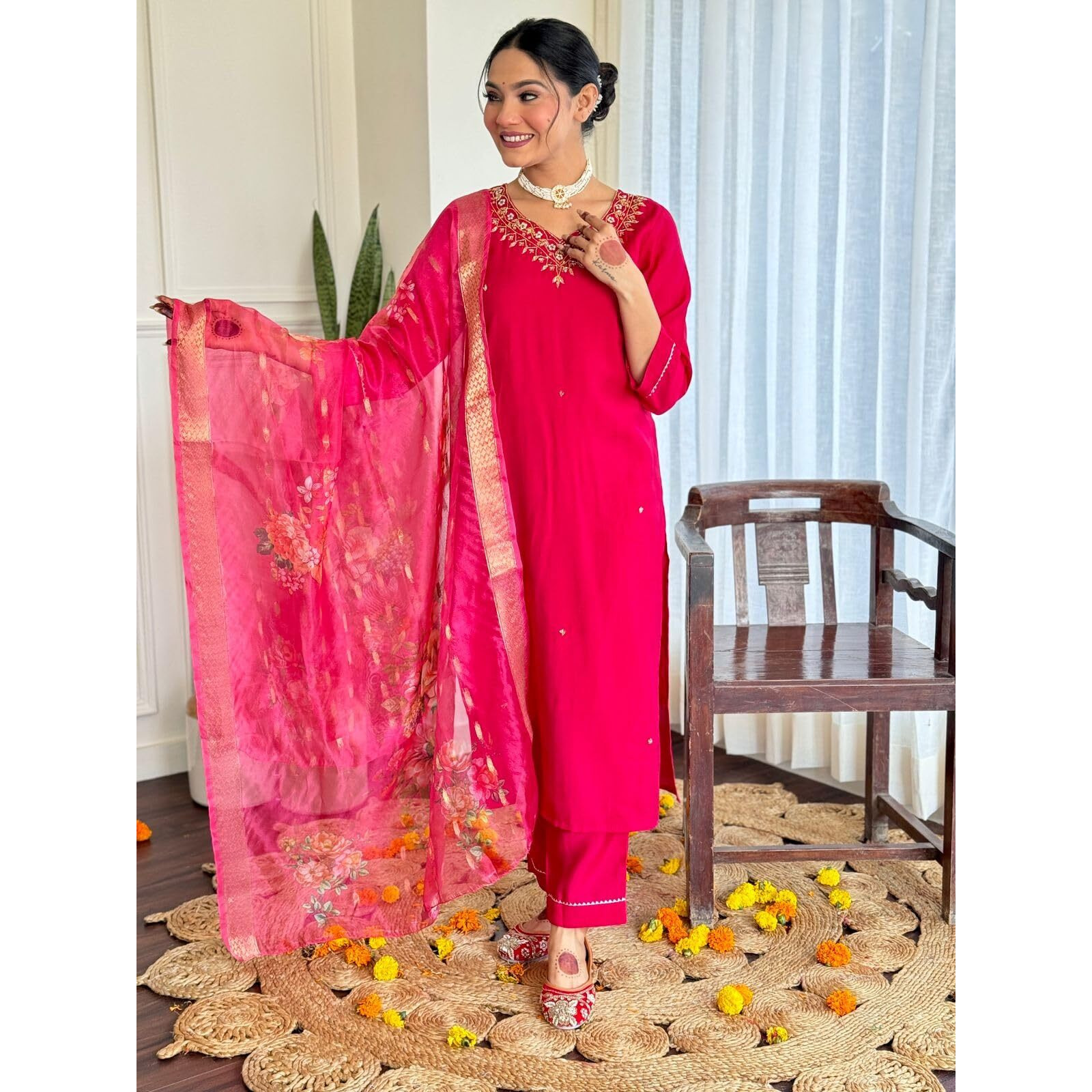 Navlik Women's Rayon Slub Embroidered Straight Kurta with Pant and Dupatta Sets (NK-672)