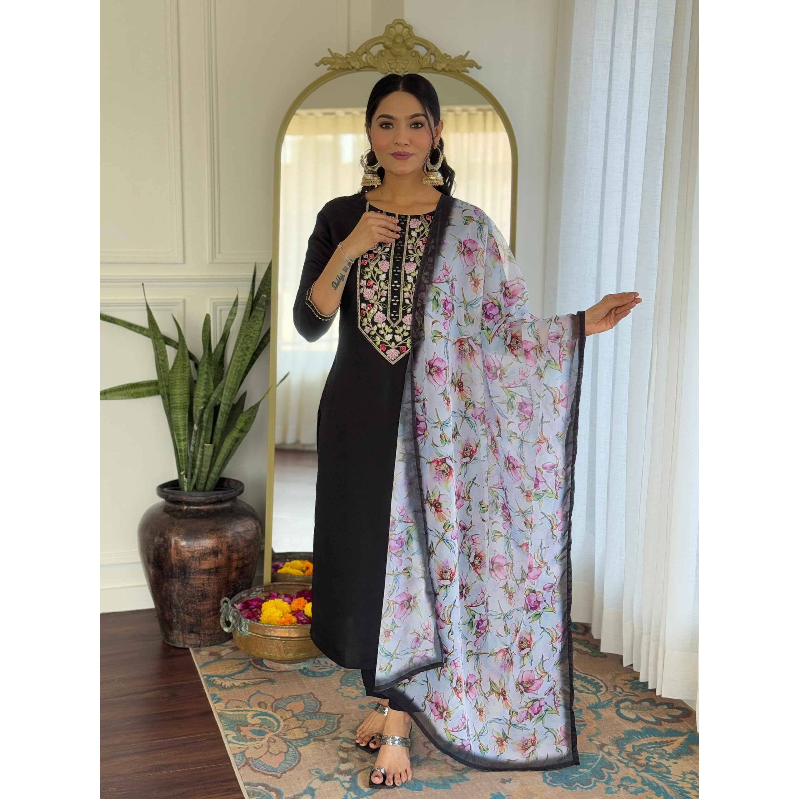 Navlik Women's Rayon Embroidered Straight Kurta with Pant and Dupatta Sets (NK-673)