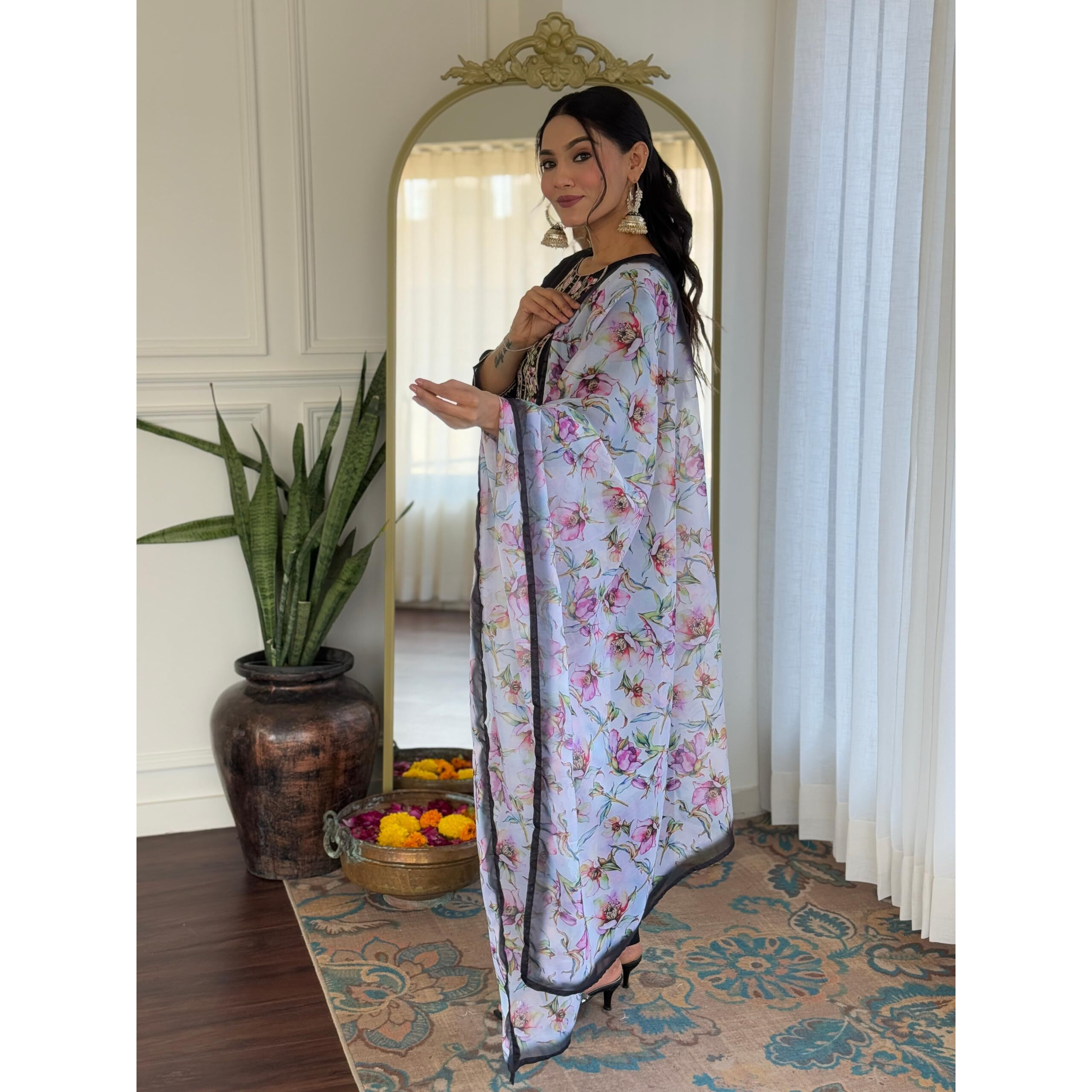 Navlik Women's Rayon Embroidered Straight Kurta with Pant and Dupatta Sets (NK-673)