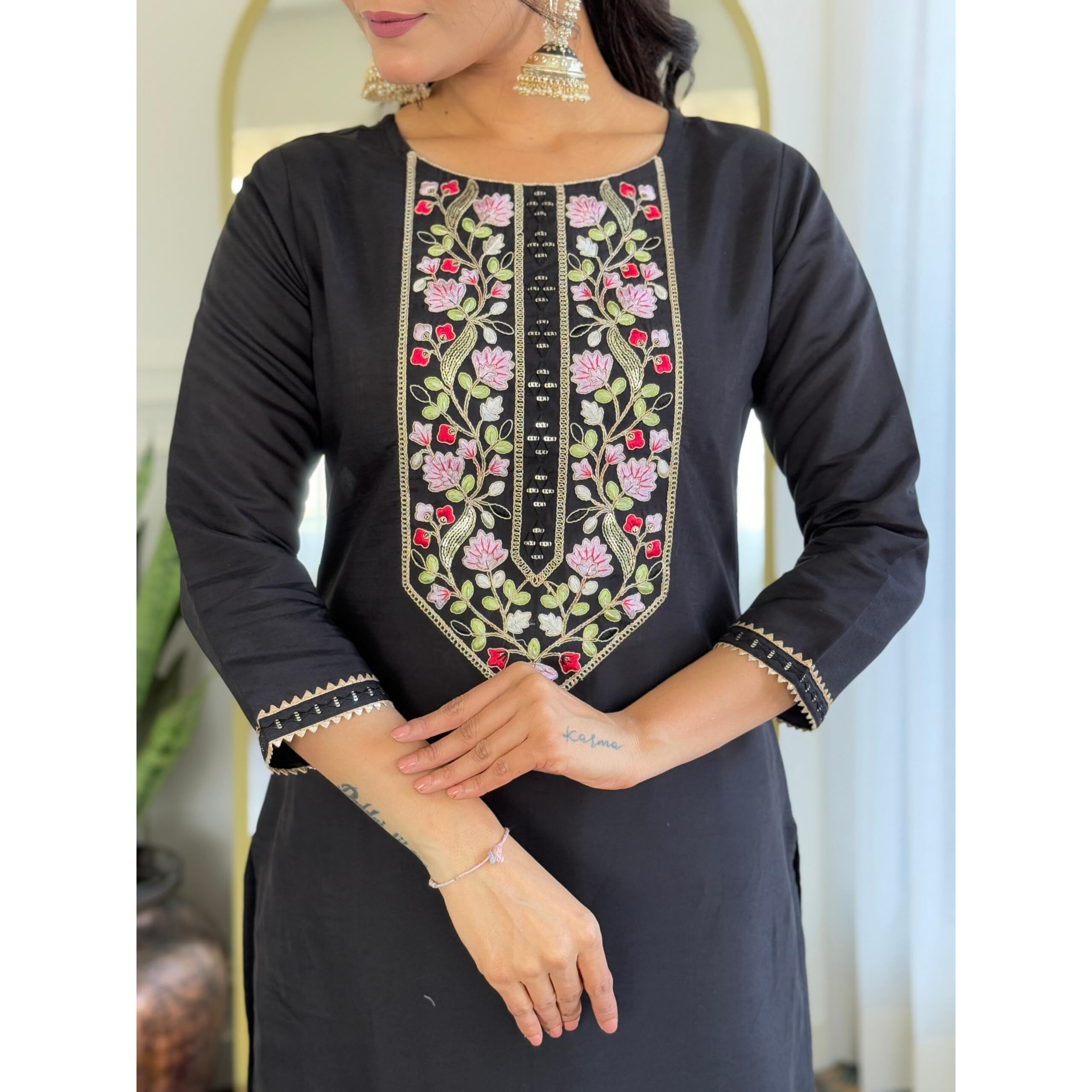 Navlik Women's Rayon Embroidered Straight Kurta with Pant and Dupatta Sets (NK-673)