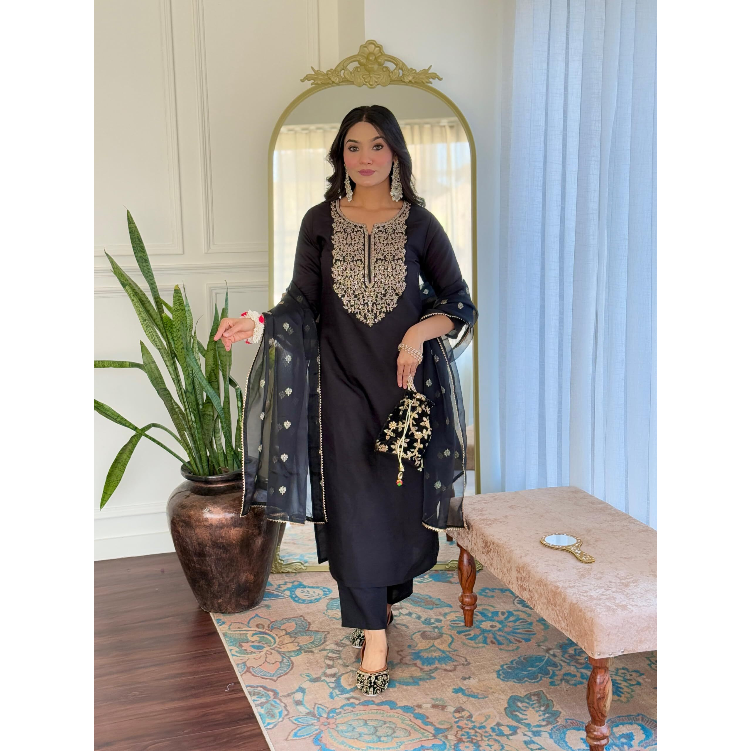 Navlik Women's Viscose Embroidered Straight Kurta with Pant and Dupatta Sets (NK-674)