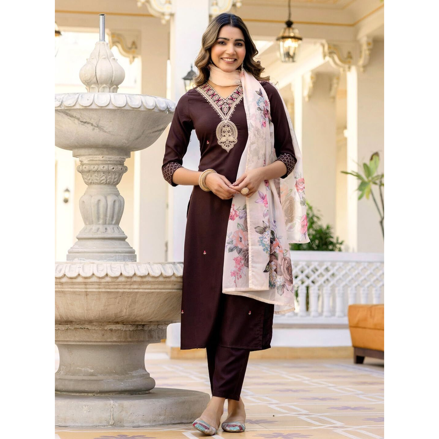 Navlik Women's Rayon Slub Embroidered Straight Kurta with Pant and Dupatta Sets (NK-675)
