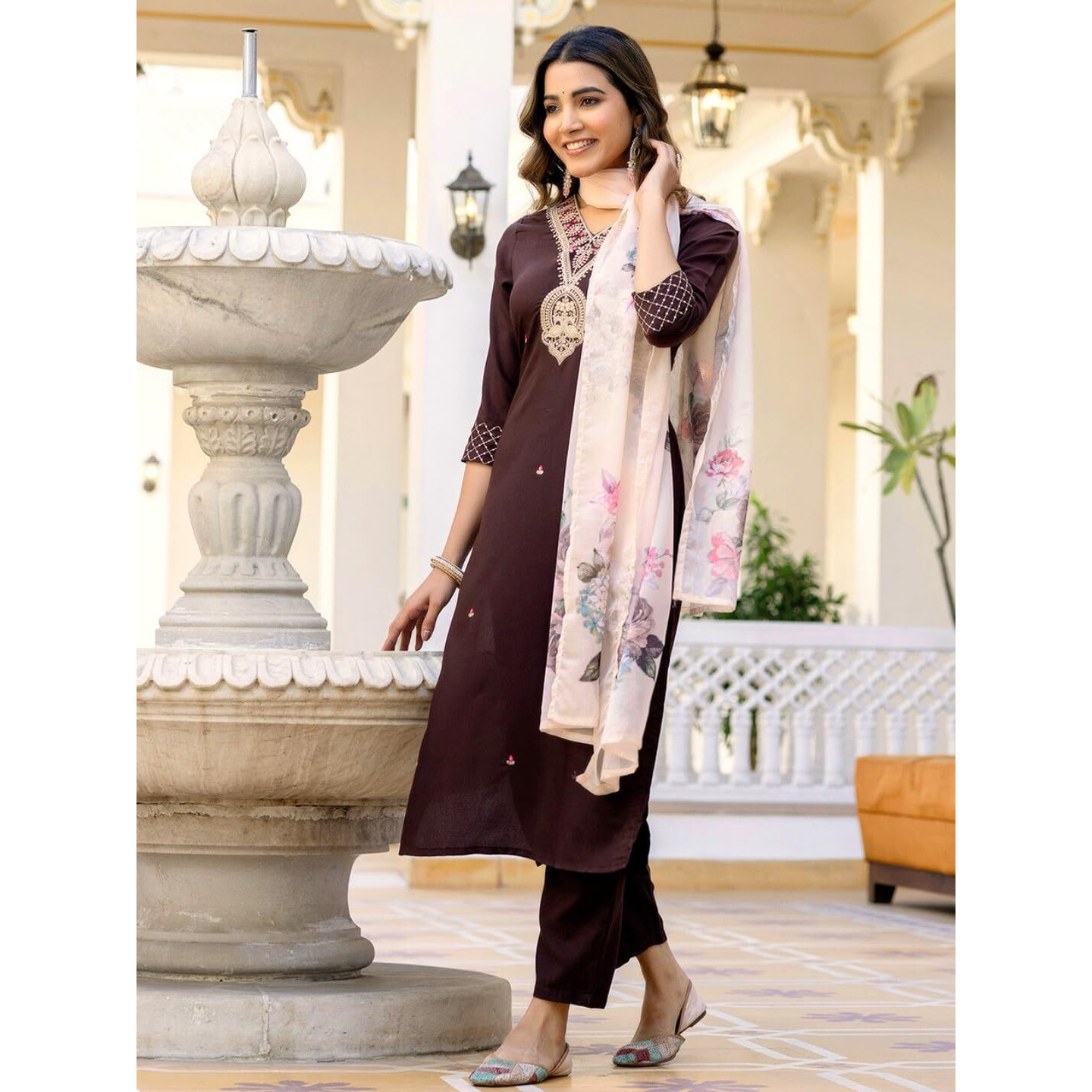 Navlik Women's Rayon Slub Embroidered Straight Kurta with Pant and Dupatta Sets (NK-675)