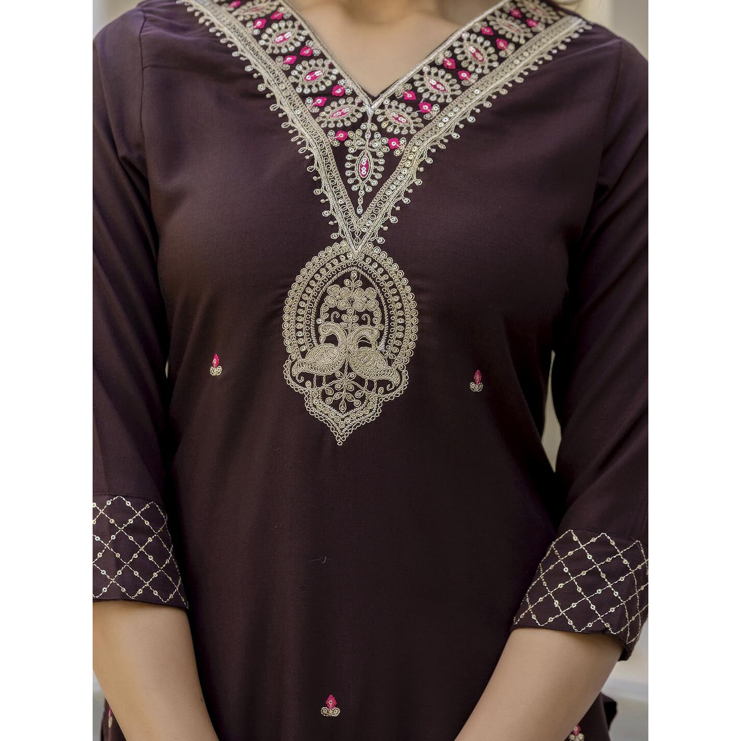 Navlik Women's Rayon Slub Embroidered Straight Kurta with Pant and Dupatta Sets (NK-675)