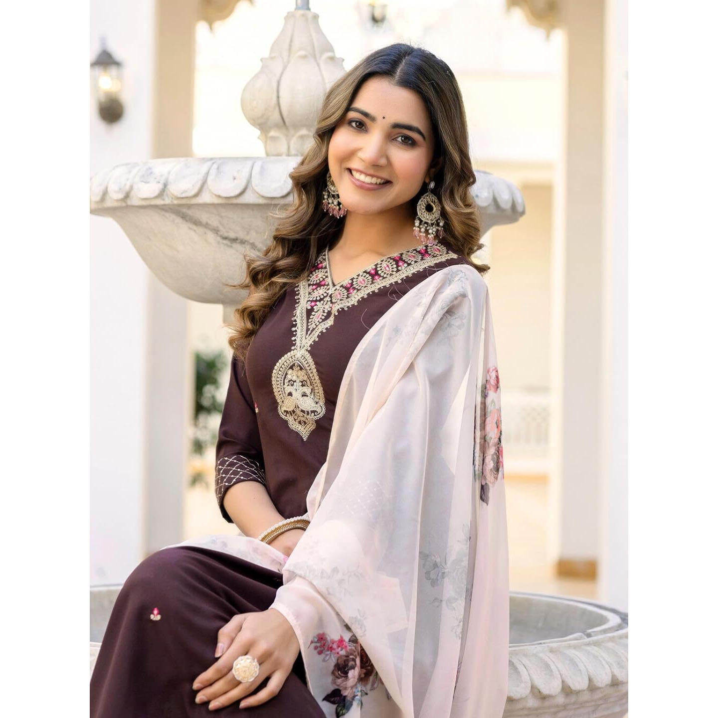 Navlik Women's Rayon Slub Embroidered Straight Kurta with Pant and Dupatta Sets (NK-675)