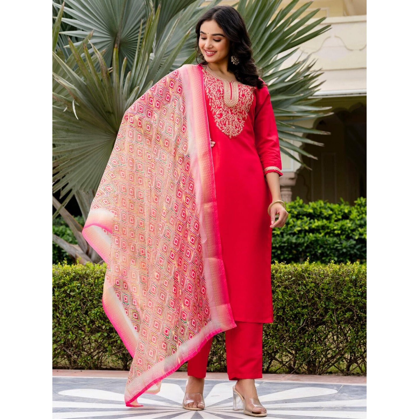 Navlik Women's Rayon Slub Embroidered Straight Kurta with Pant and Dupatta Sets (NK-676)