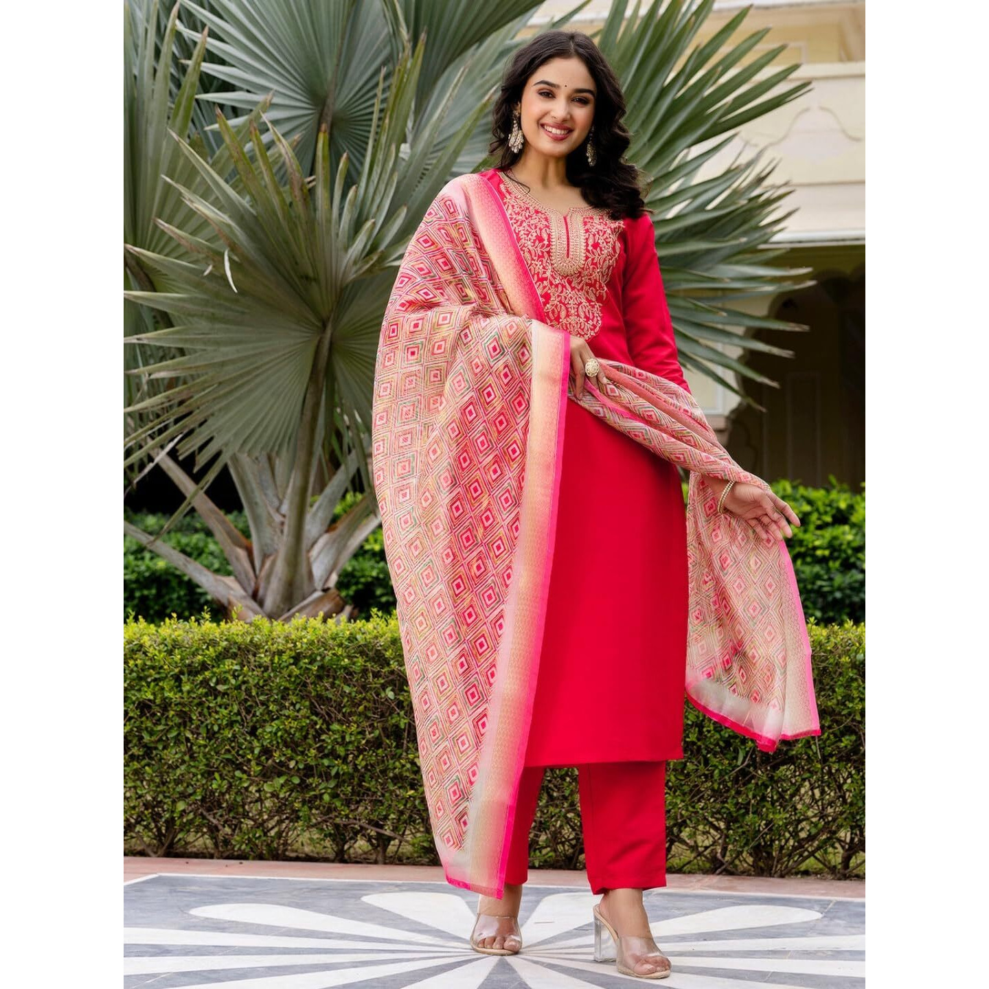 Navlik Women's Rayon Slub Embroidered Straight Kurta with Pant and Dupatta Sets (NK-676)