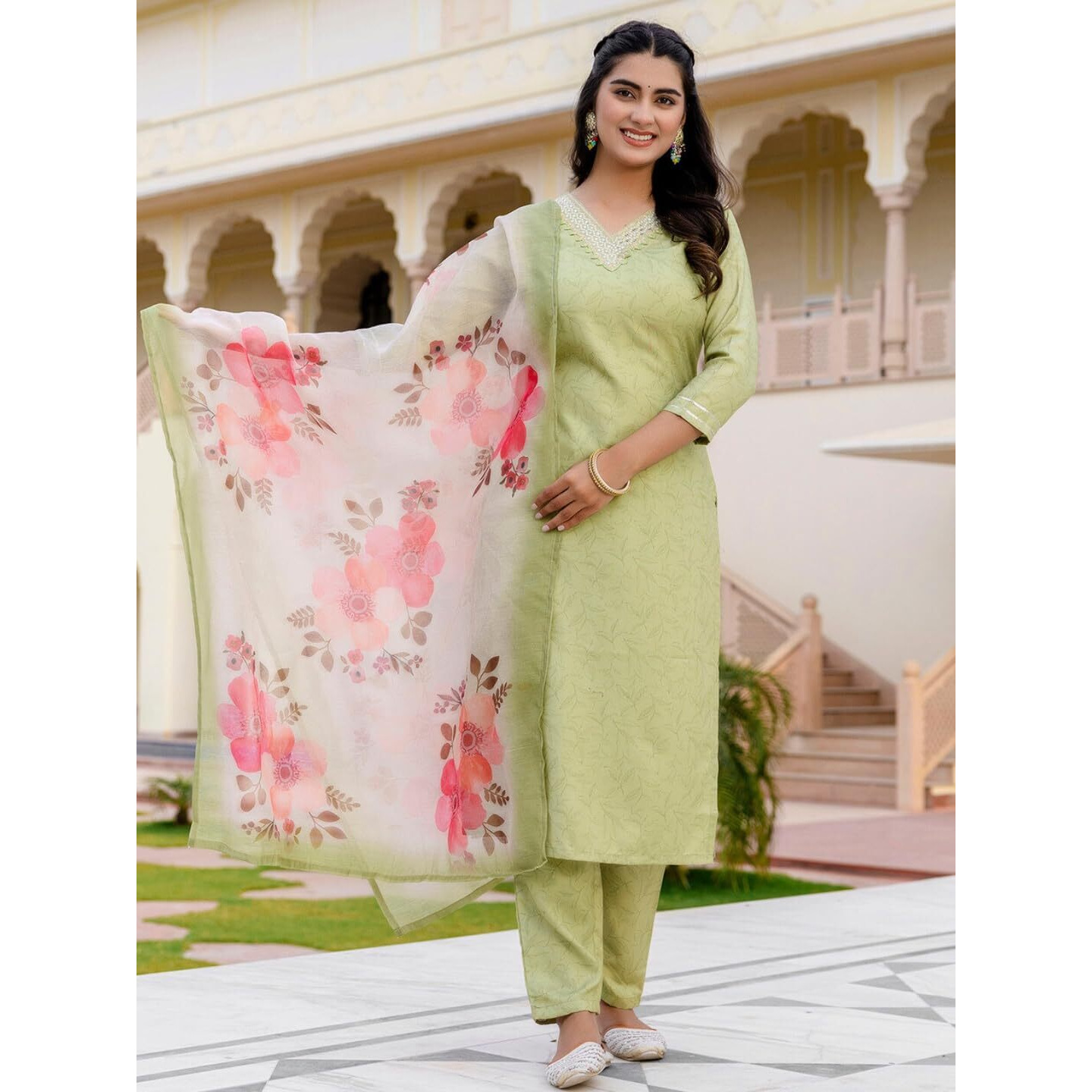 Navlik Women's Rayon Embroidered Straight Kurta with Pant and Dupatta Sets (NK-677)