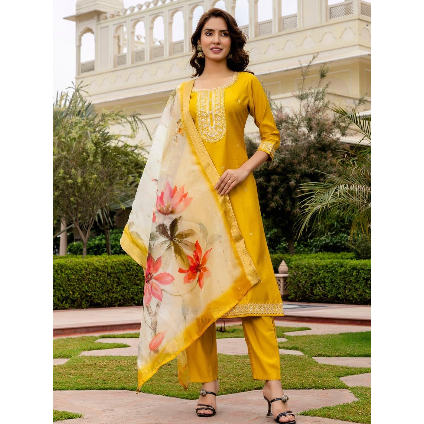 Navlik Women's Viscose Embroidered Straight Kurta with Pant and Dupatta Sets (NK-681)
