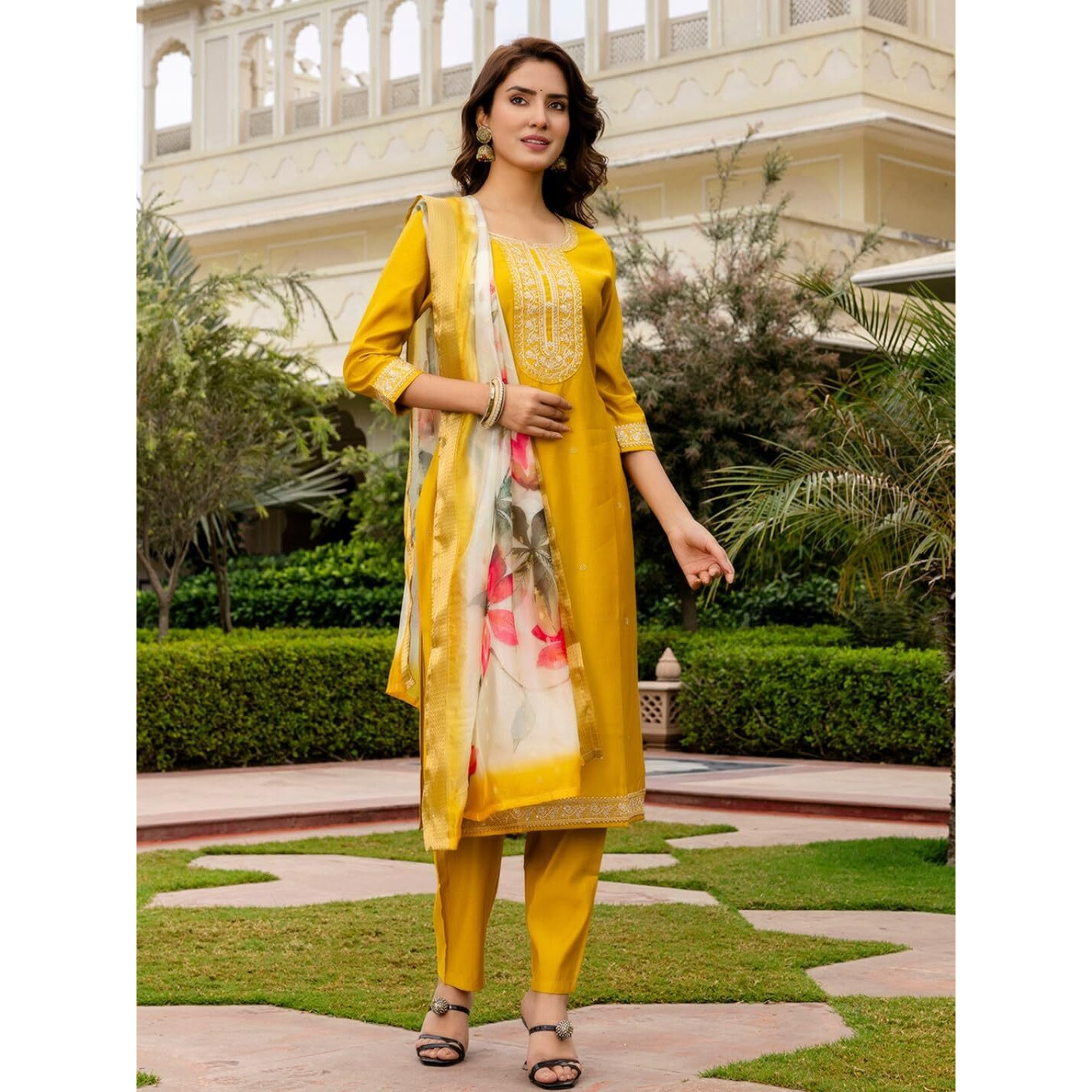Navlik Women's Viscose Embroidered Straight Kurta with Pant and Dupatta Sets (NK-681)