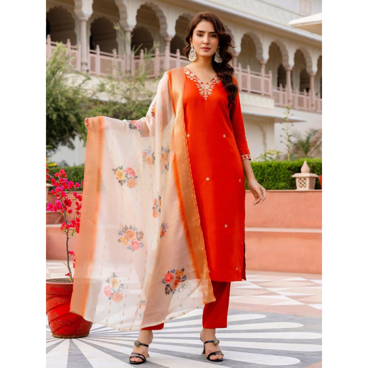 Navlik Women's BSY Viscose Embroidered Straight Kurta with Pant and Dupatta Sets (NK-684)