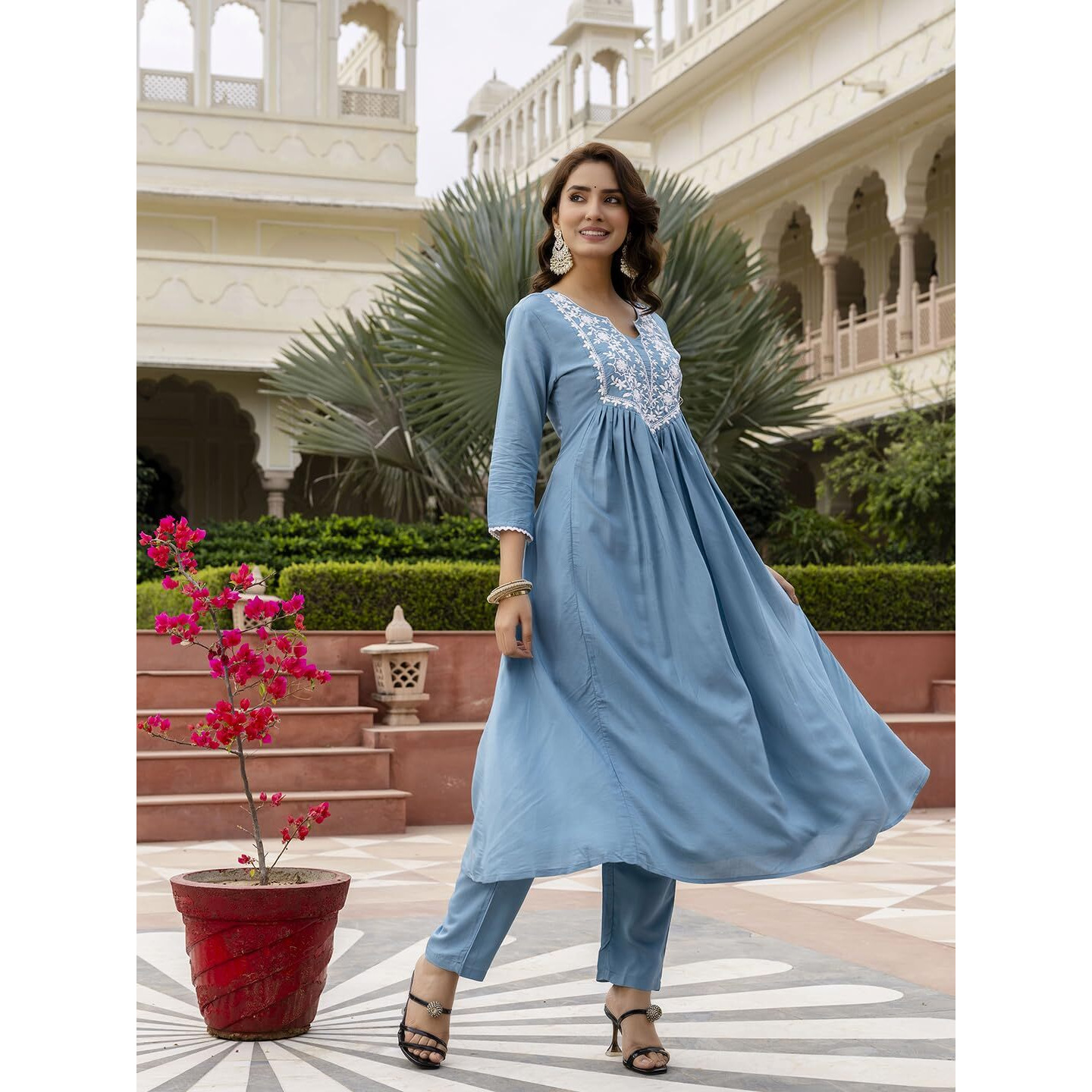 Navlik Women's BSY Viscose Embroidered Flared Kurta with Pant and Dupatta Sets (NK-686)