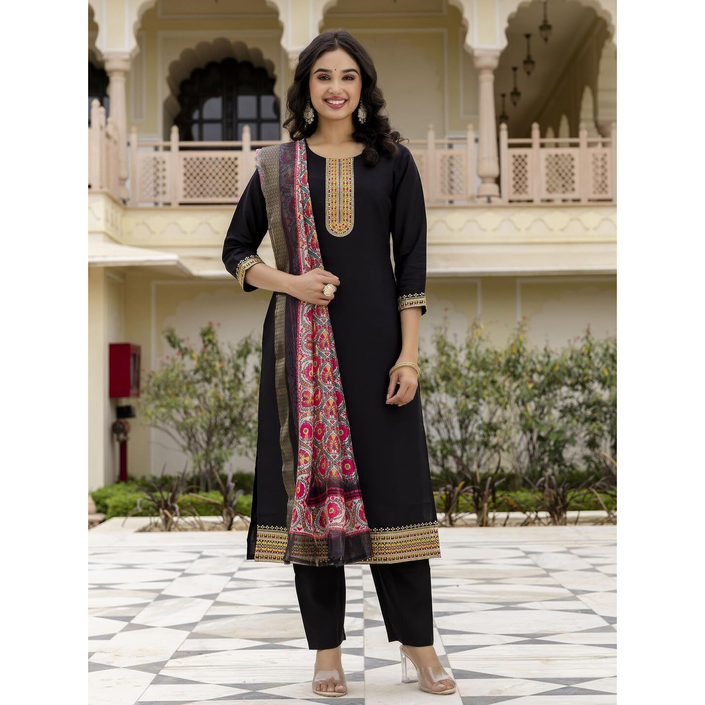 Navlik Women's Viscose Embroidered Straight Kurta with Pant and Dupatta Sets (NK-687)