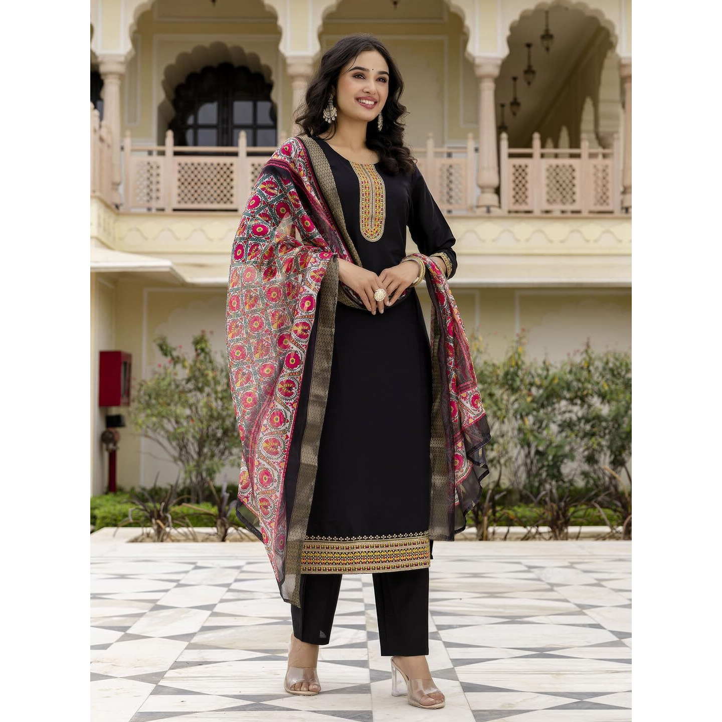 Navlik Women's Viscose Embroidered Straight Kurta with Pant and Dupatta Sets (NK-687)