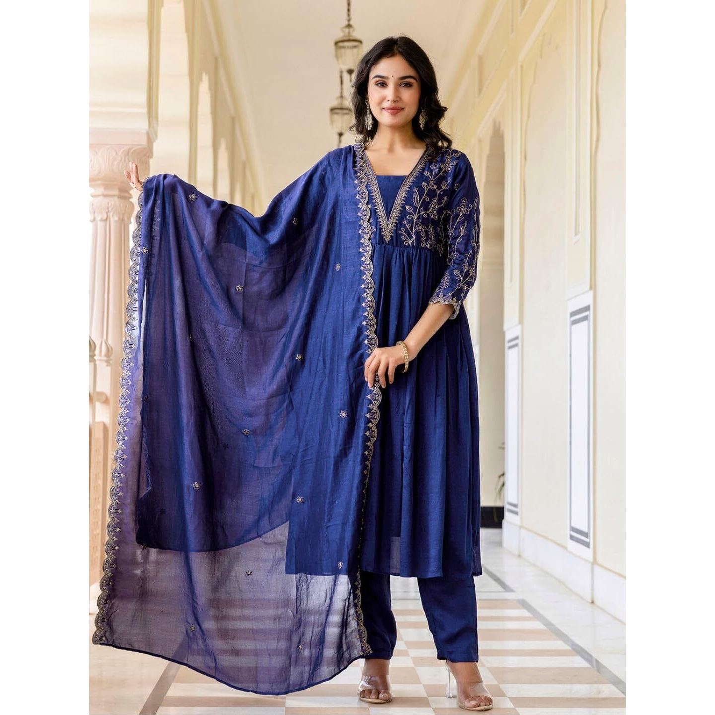 Navlik Women's Vichitra Silk Embroidered Flared Kurta with Pant and Dupatta Sets (NK-688)
