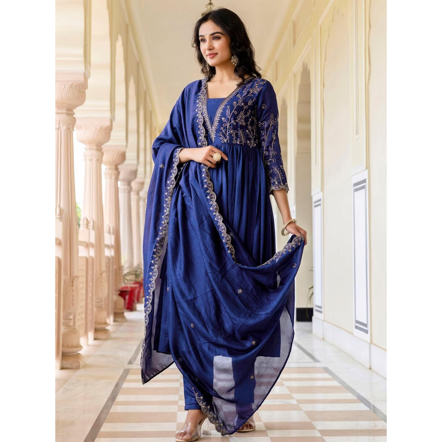 Navlik Women's Vichitra Silk Embroidered Flared Kurta with Pant and Dupatta Sets (NK-688)