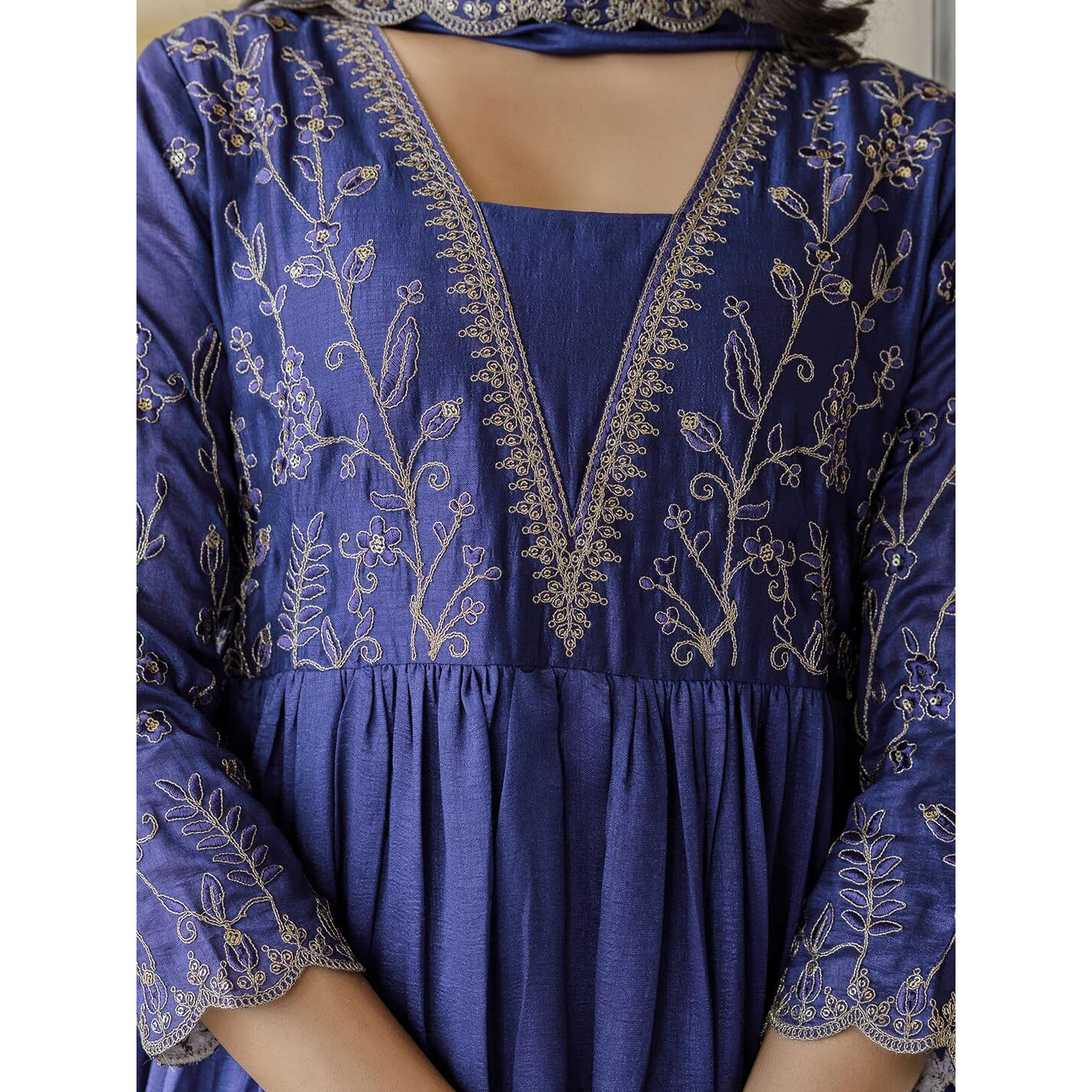 Navlik Women's Vichitra Silk Embroidered Flared Kurta with Pant and Dupatta Sets (NK-688)