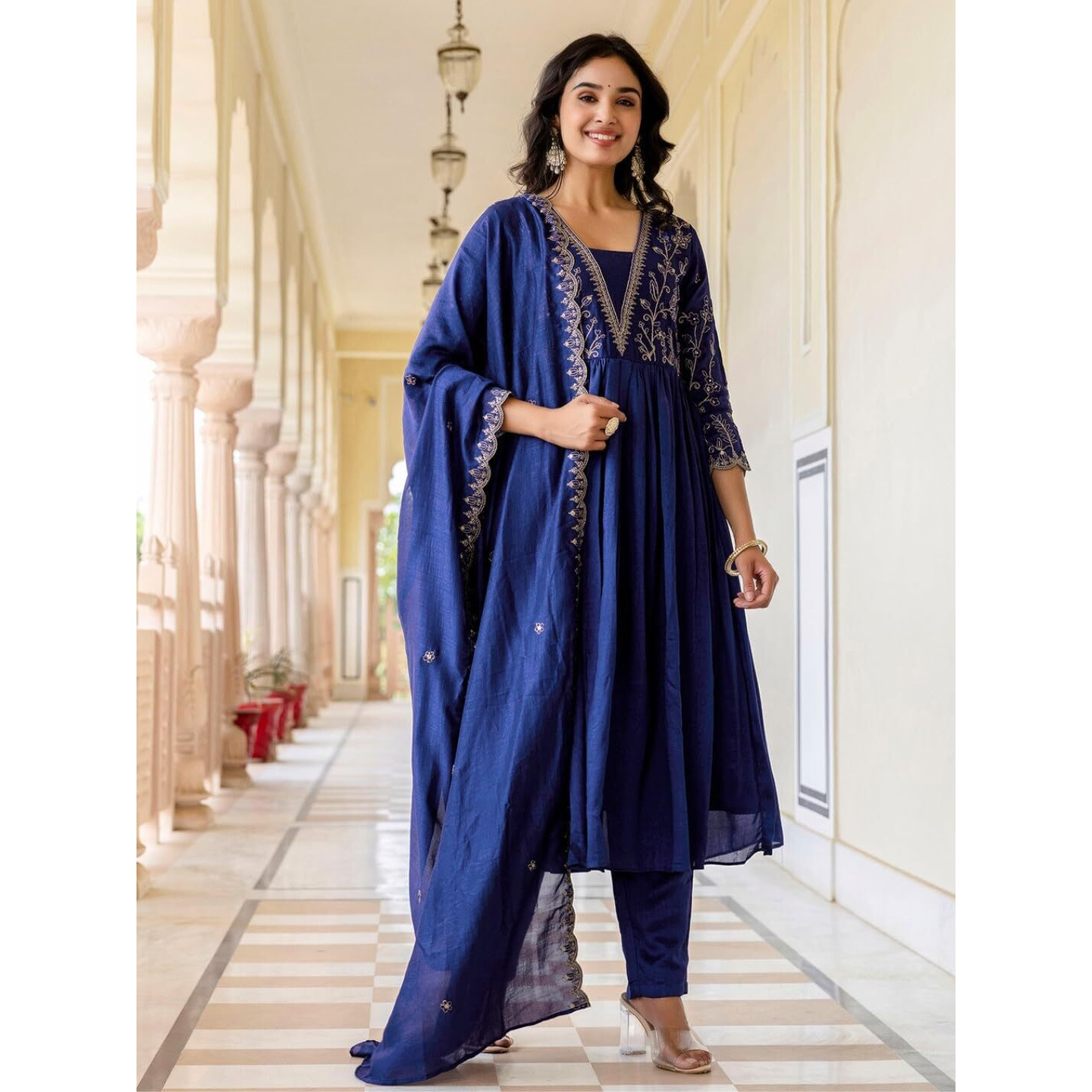 Navlik Women's Vichitra Silk Embroidered Flared Kurta with Pant and Dupatta Sets (NK-688)