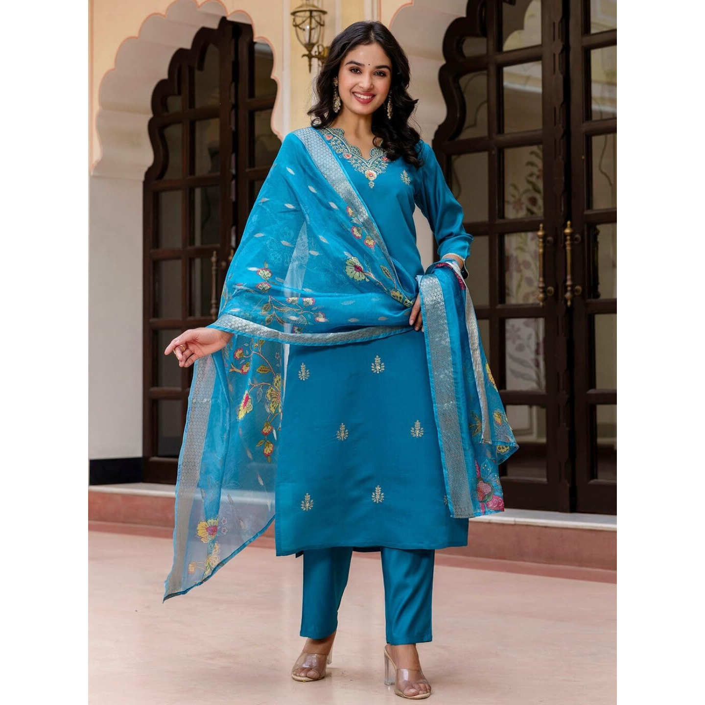 Navlik Women's Viscose Embroidered Straight Kurta with Pant and Dupatta Sets (NK-690)