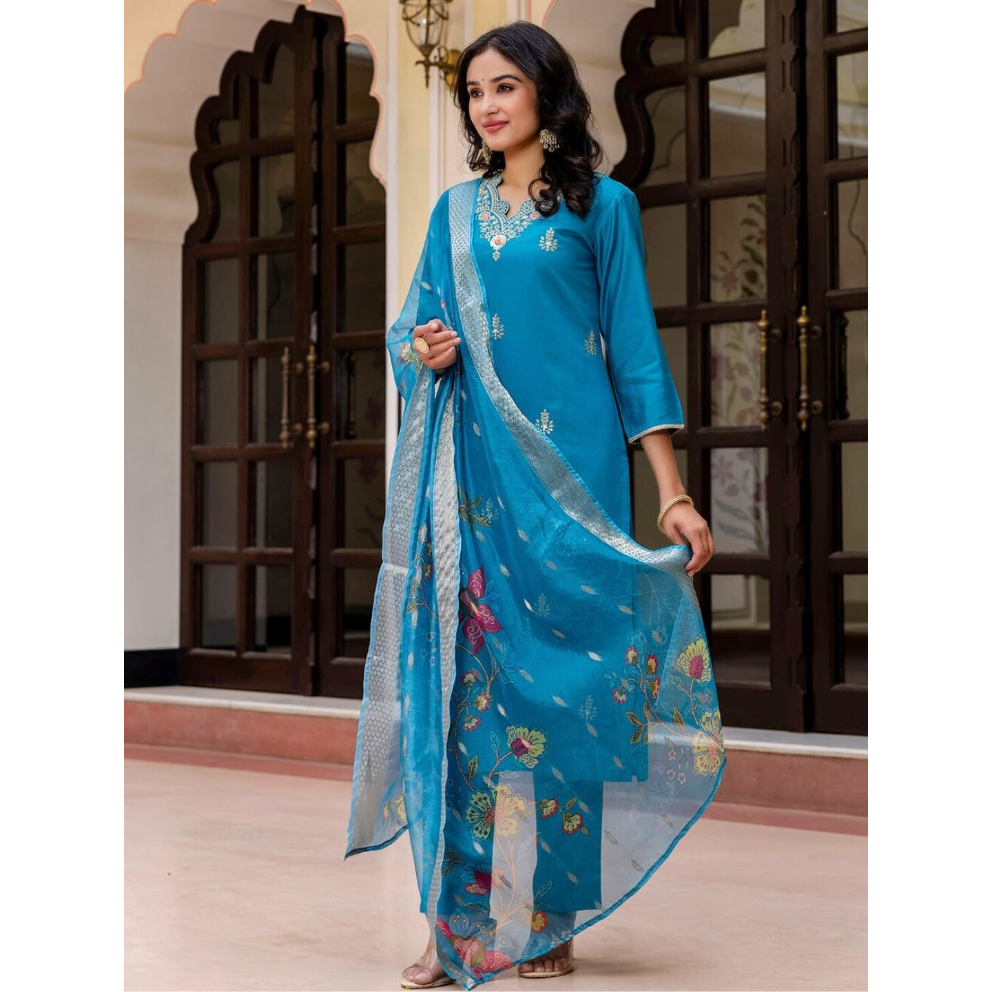 Navlik Women's Viscose Embroidered Straight Kurta with Pant and Dupatta Sets (NK-690)