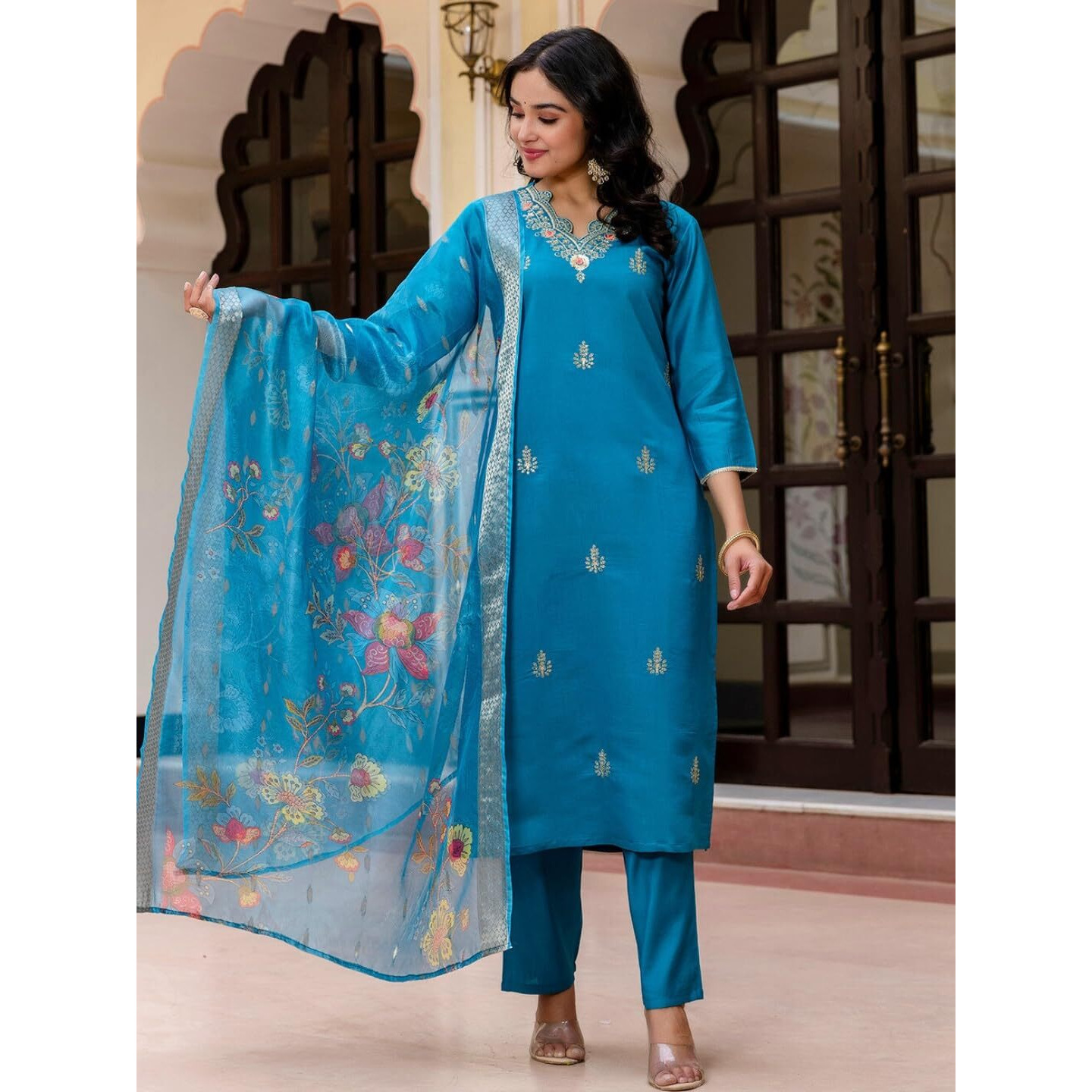 Navlik Women's Viscose Embroidered Straight Kurta with Pant and Dupatta Sets (NK-690)