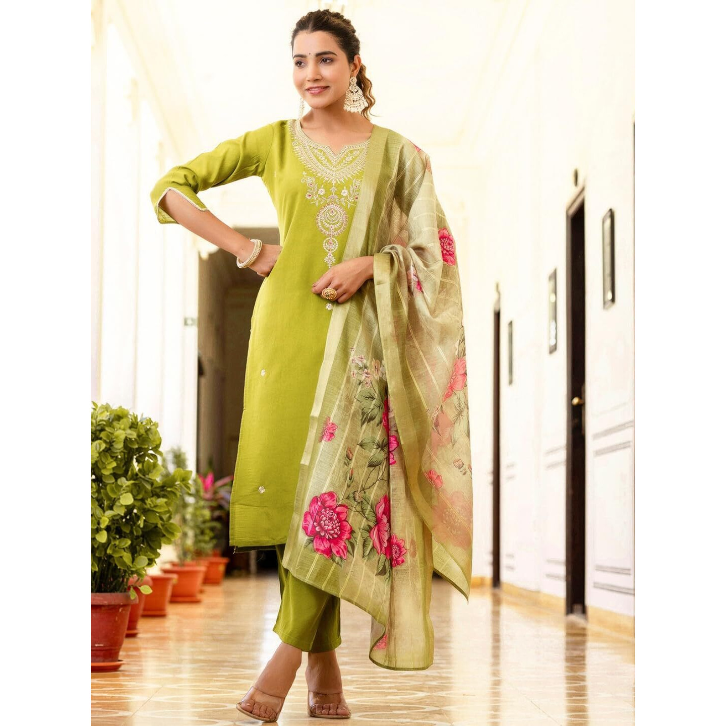 Navlik Women's Viscose Embroidered Straight Kurta with Pant and Dupatta Sets (NK-692)