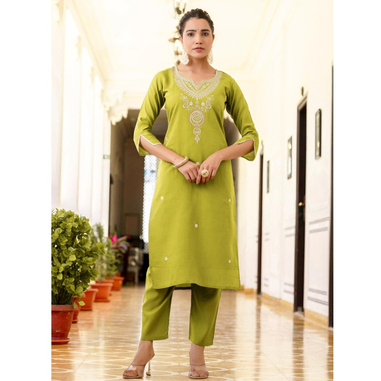 Navlik Women's Viscose Embroidered Straight Kurta with Pant and Dupatta Sets (NK-692)