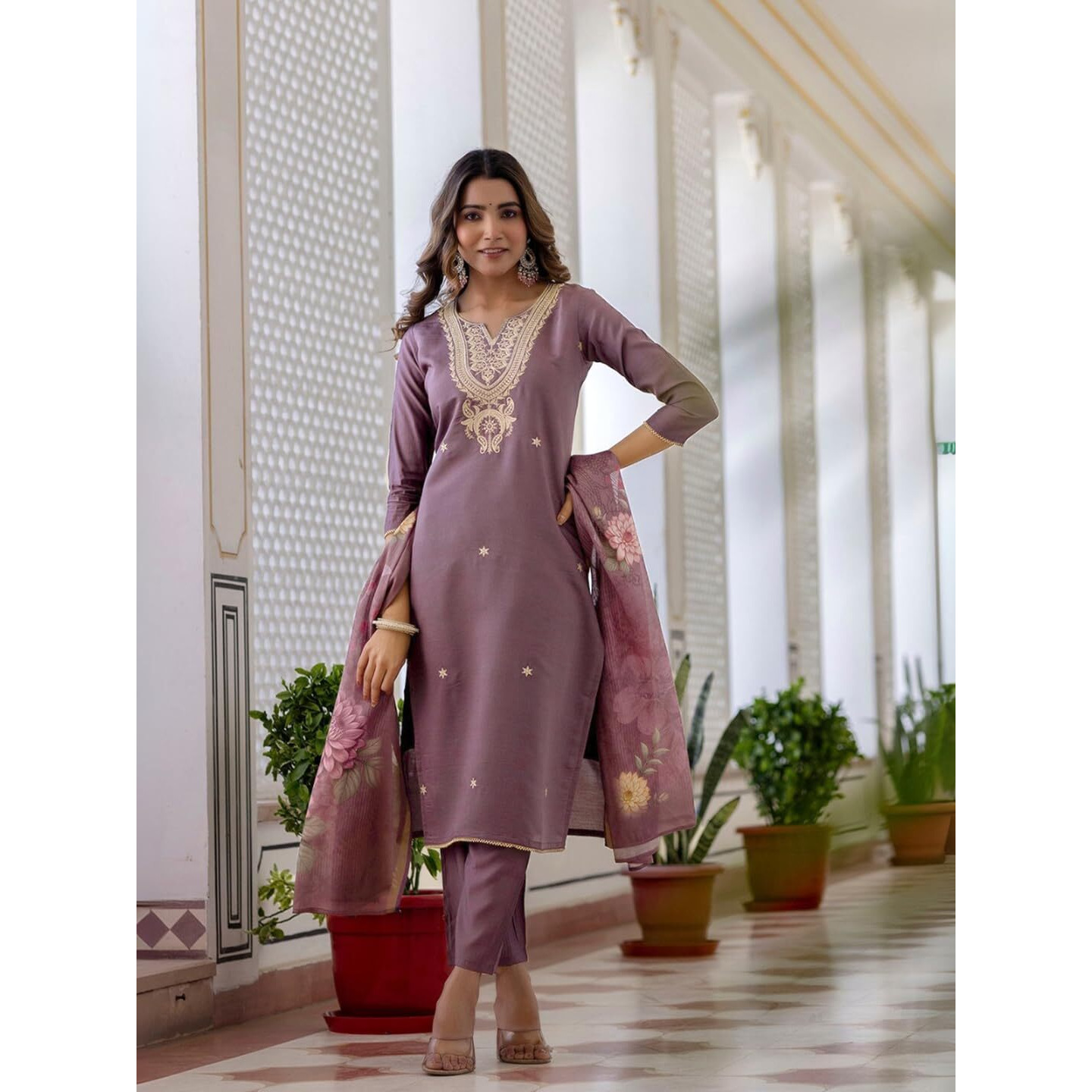 Navlik Women's Viscose Embroidered Straight Kurta with Pant and Dupatta Sets (NK-693)