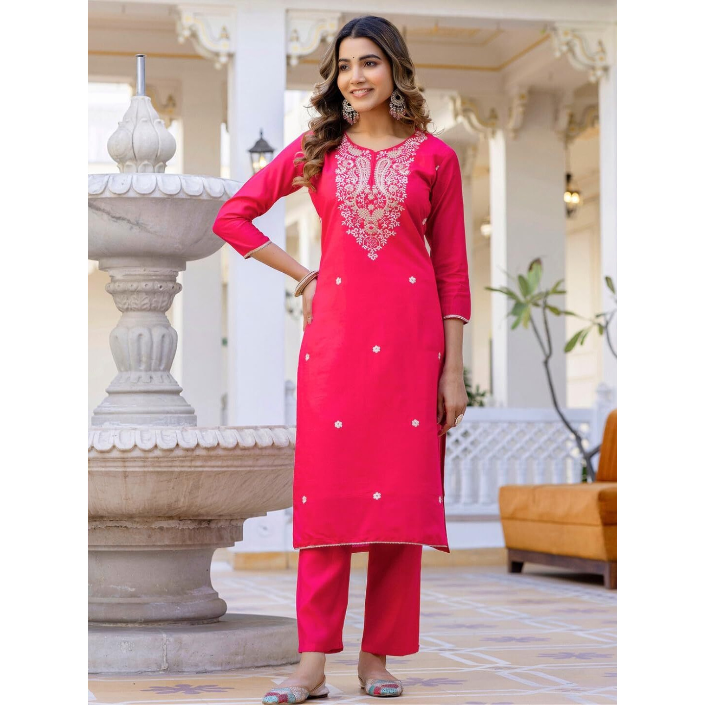 Navlik Women's Viscose Embroidered Straight Kurta with Pant and Dupatta Sets (NK-694)