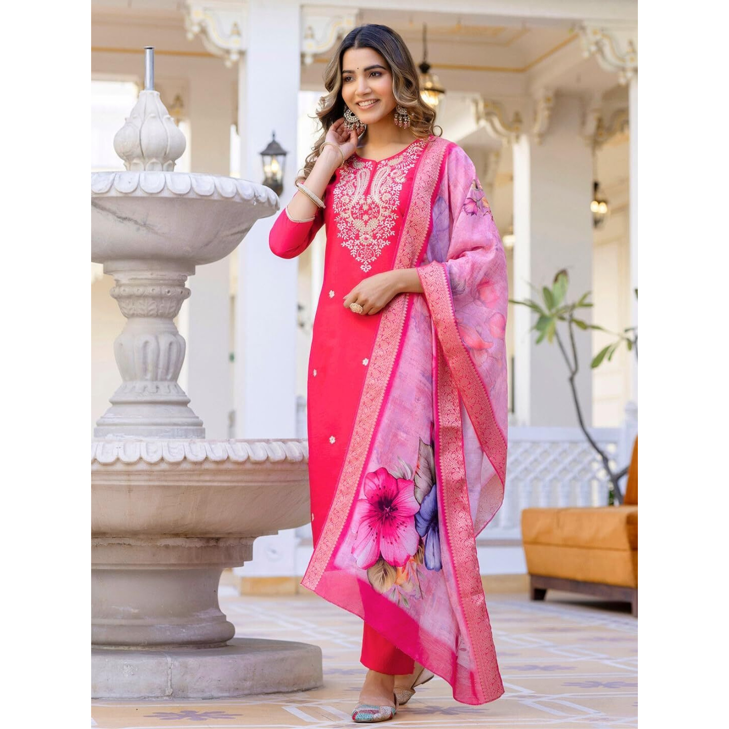 Navlik Women's Viscose Embroidered Straight Kurta with Pant and Dupatta Sets (NK-694)