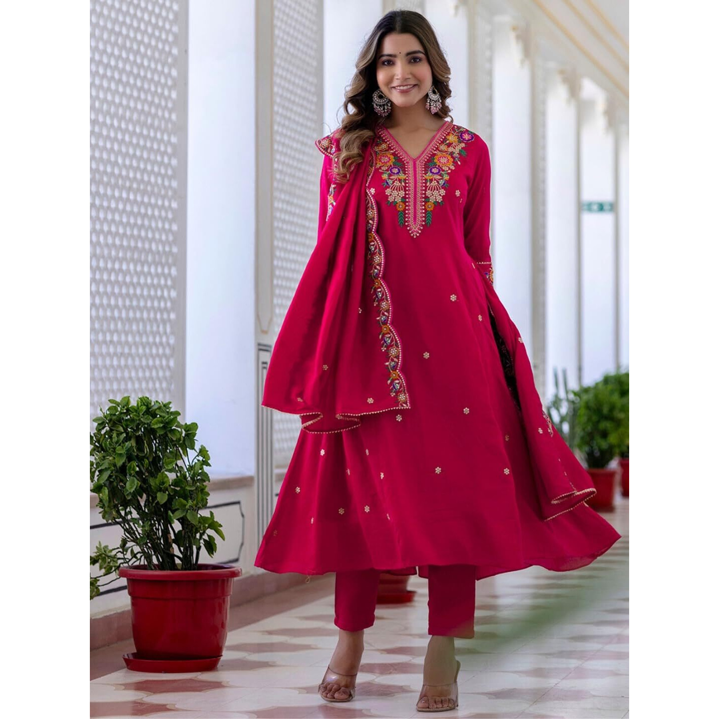 Navlik Women's Vichitra Silk Embroidered Straight Kurta with Pant and Dupatta Sets (NK-695)