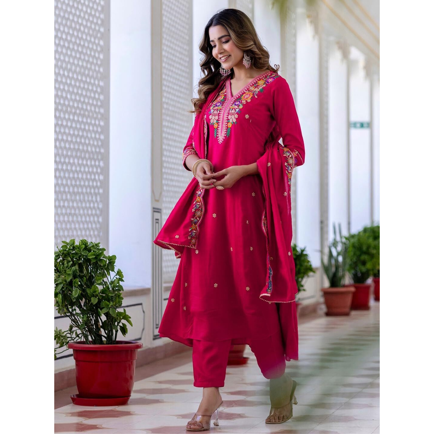 Navlik Women's Vichitra Silk Embroidered Straight Kurta with Pant and Dupatta Sets (NK-695)
