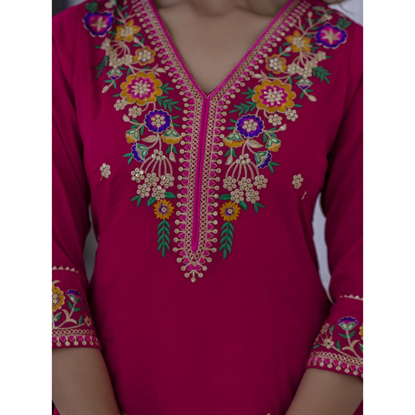 Navlik Women's Vichitra Silk Embroidered Straight Kurta with Pant and Dupatta Sets (NK-695)