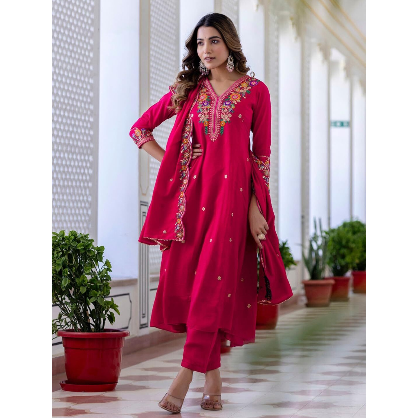 Navlik Women's Vichitra Silk Embroidered Straight Kurta with Pant and Dupatta Sets (NK-695)