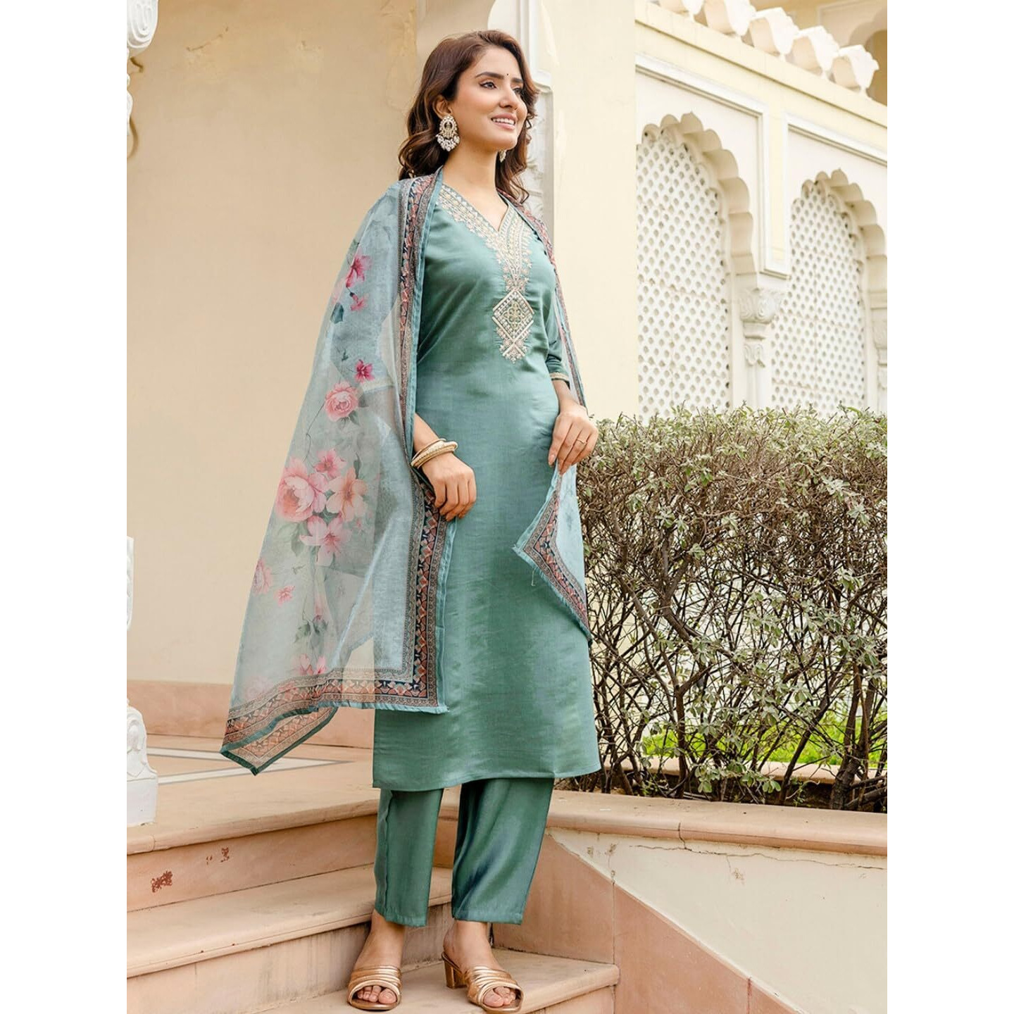 Navlik Women's Rayon Embroidered Straight Kurta with Pant and Dupatta Sets (NK-696)