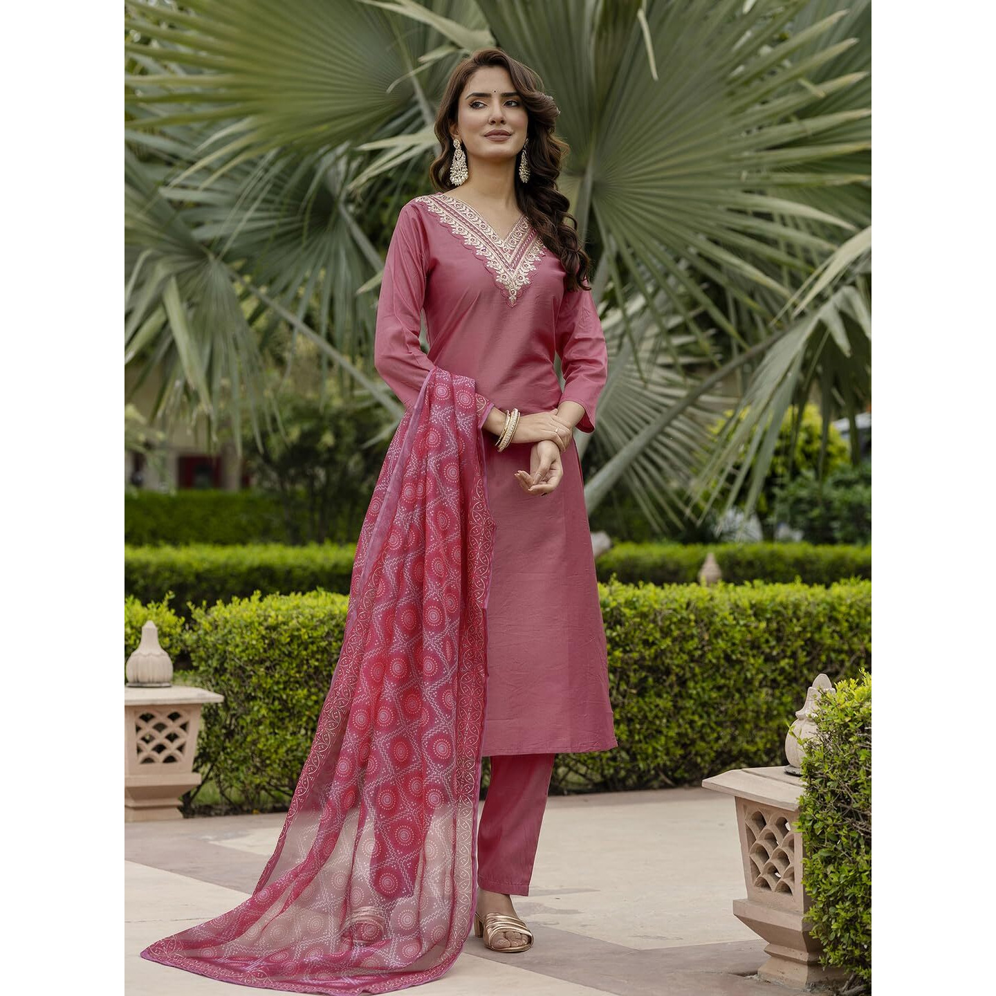 Navlik Women's Rayon Embroidered Straight Kurta with Pant and Dupatta Sets (NK-698)