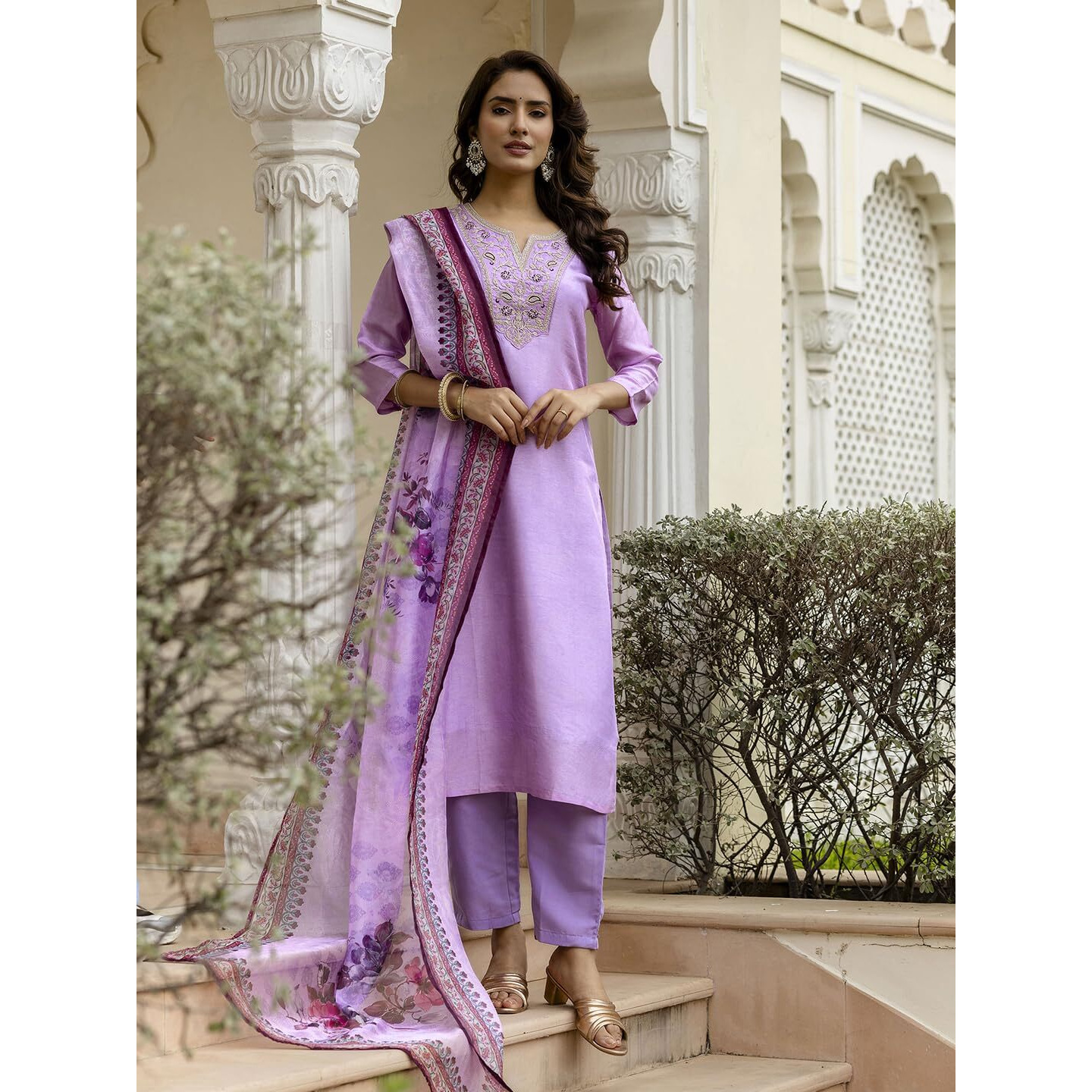 Navlik Women's Rayon Embroidered Straight Kurta with Pant and Dupatta Sets (NK-701)
