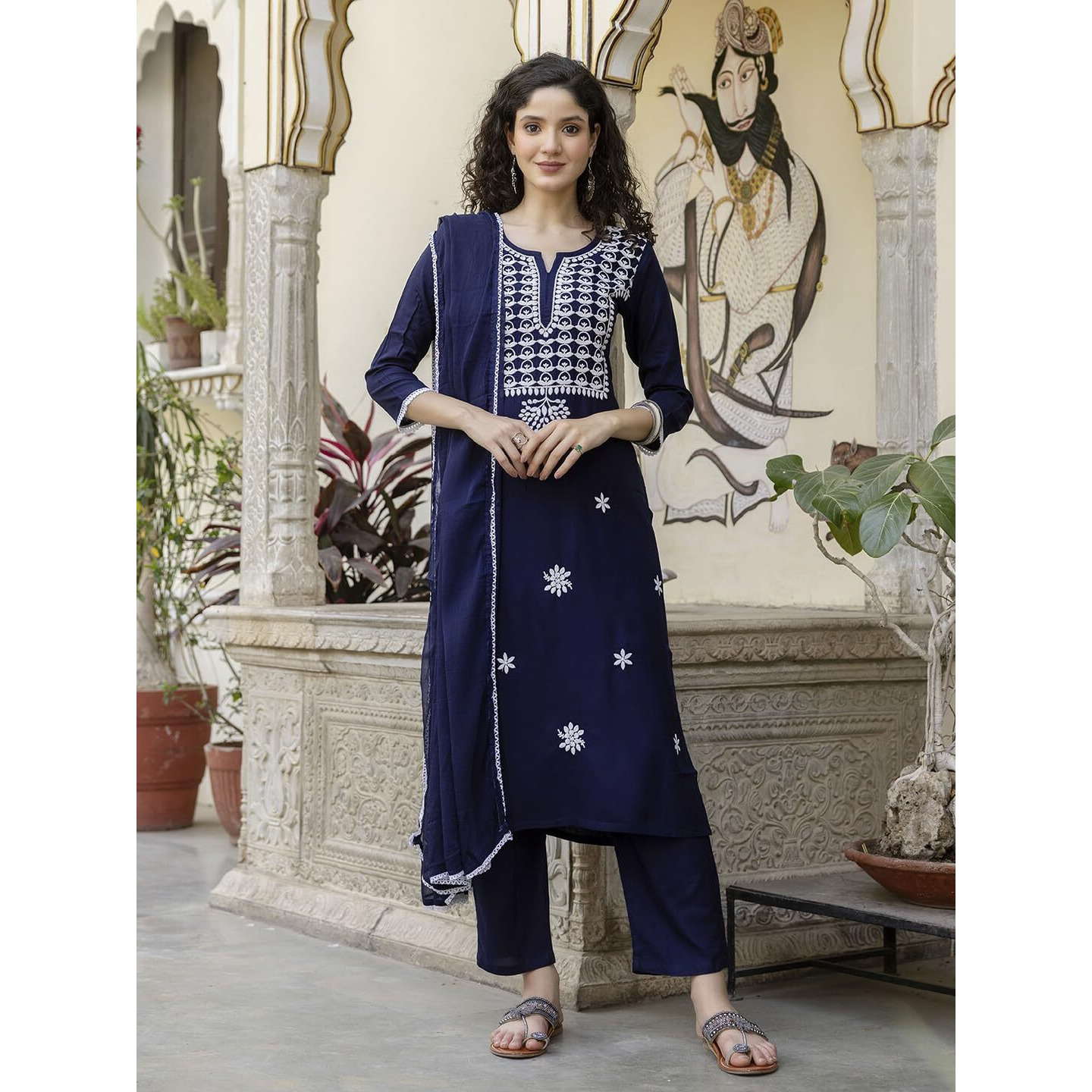 Navlik Women's Rayon Embroidered Straight Kurta with Rayon Pant and Nazneen Laced Dupatta Sets (NK- 702)